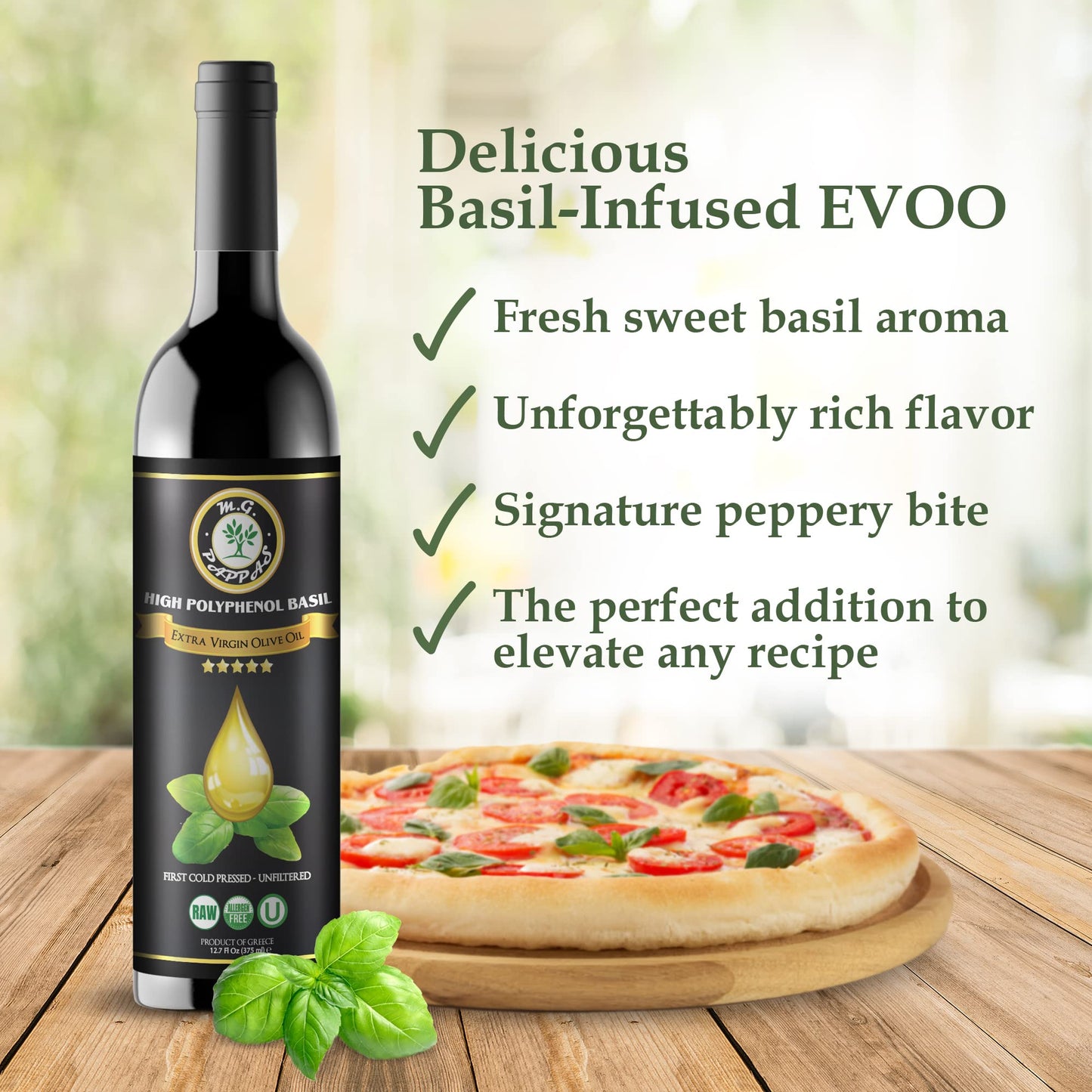 M.G. PAPPAS Extra Virgin Olive Oil, Basil-Infused, Cold Pressed, 12.7 Fl Oz