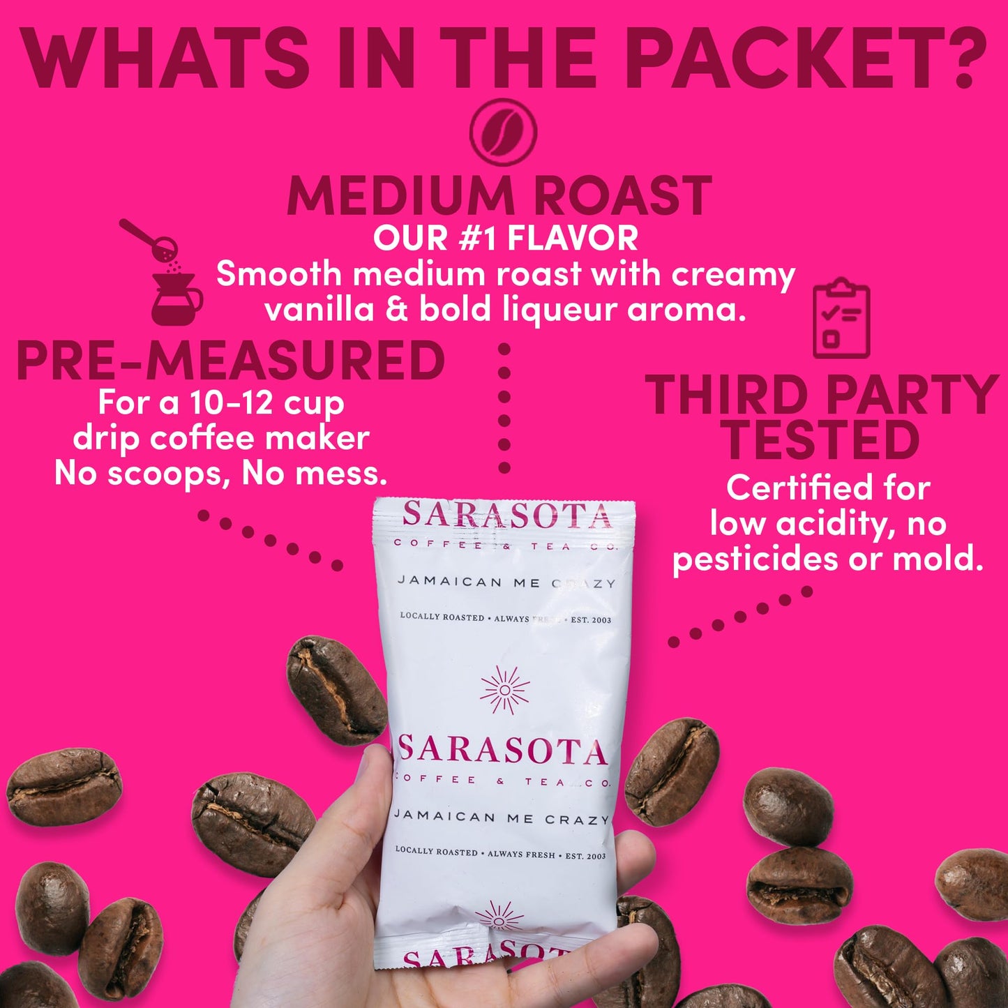 Coffee Packets – Jamaican Me Crazy Flavor | Medium Roast 1.5Oz Pre-Measured Packs For 12-Cup Drip Makers | Low Acid Mold-Free Ground | 42 Pouches – Sarasota
