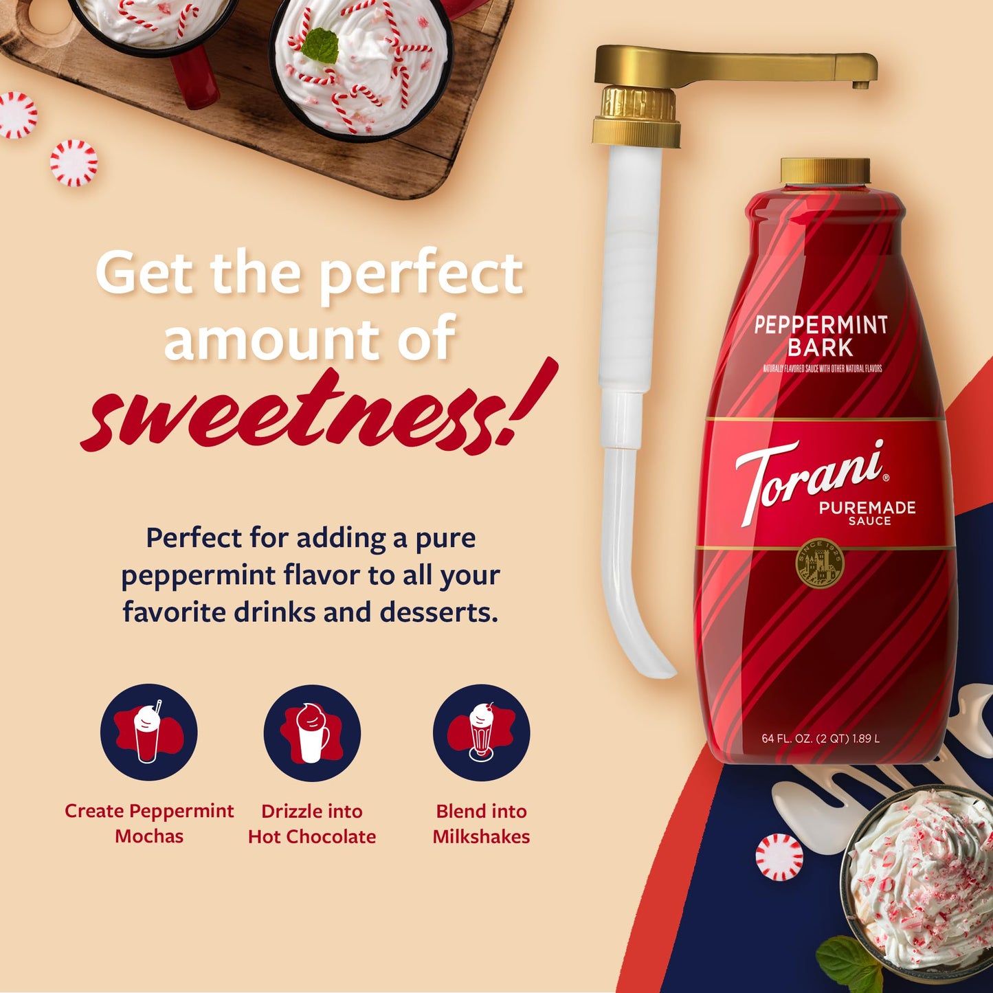 Torani Puremade Peppermint Bark Sauce for Coffeehouse Drinks and Desserts  Large 4lb Bottle  Pump Included  64 Fl Oz