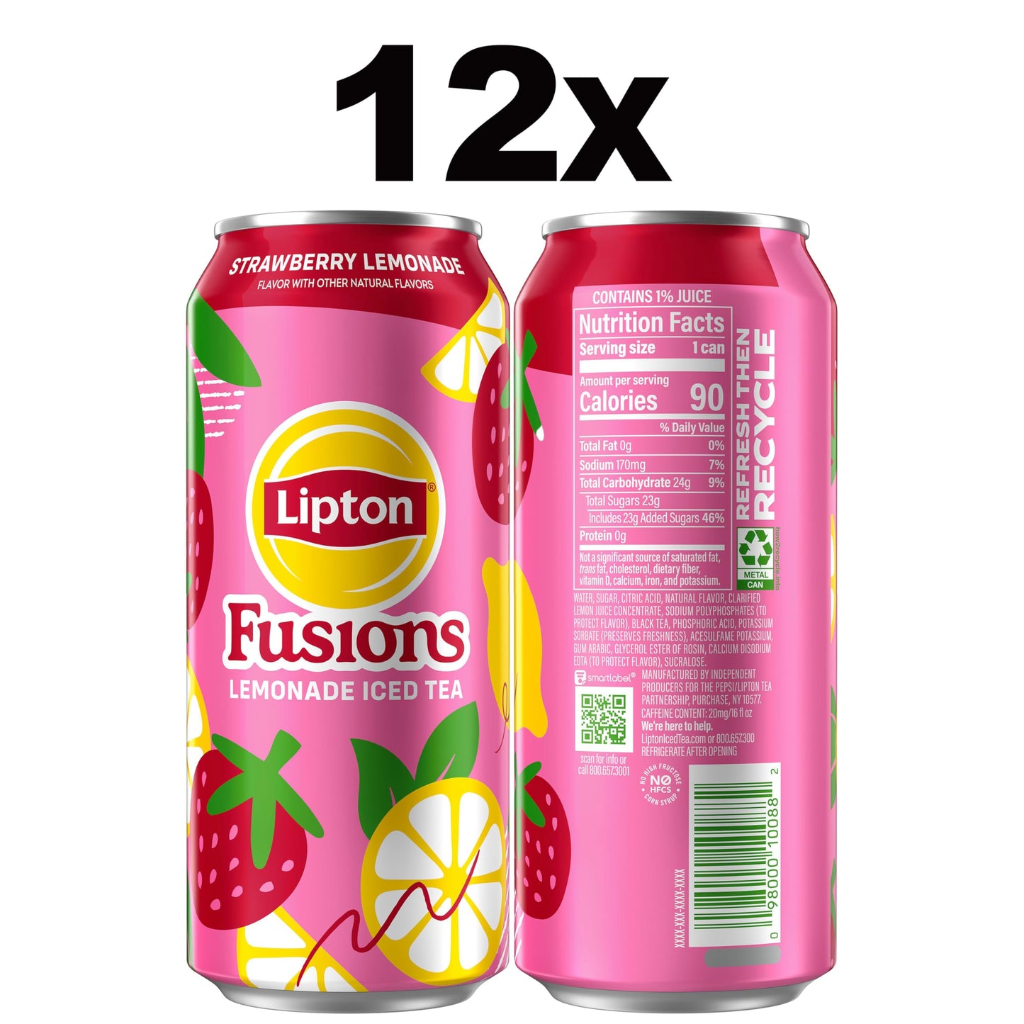 Lipton Fusions Strawberry Lemonade & Iced Tea, 16 Fl Oz Cans, Pack of 12