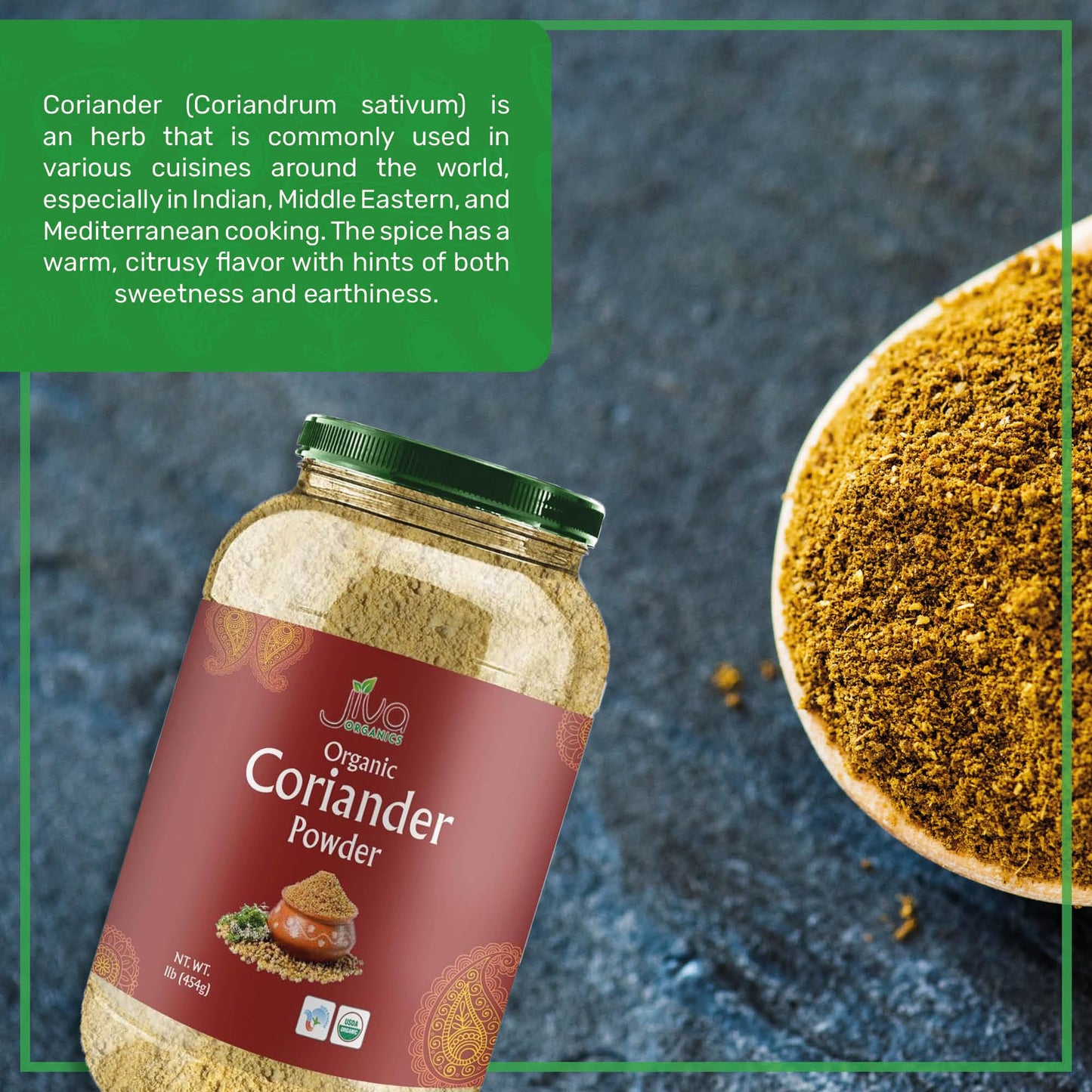 Jiva Organic Coriander Powder 1 Pound Large Jar (16Oz) - Pure, Non-Gmo, Lab Tested, 100% Raw Ground Coriander From India