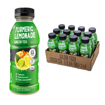 Golden Tiger Still Turmeric Lemonade, Green Tea - Organic Superfood-Infused Sports Drink With Curcumin & Ginger - Antioxidants For Recovery And Immunity, 4G Sugar (12 Bottles)