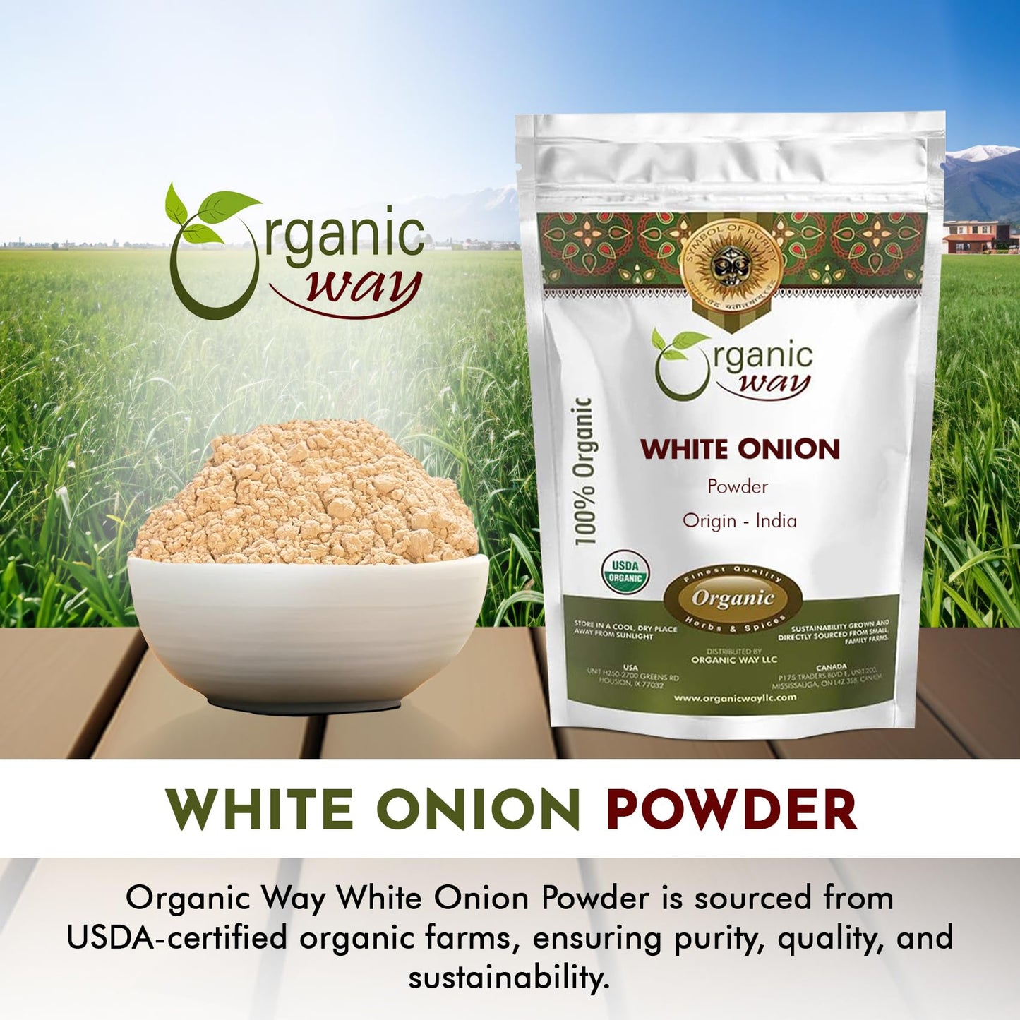 Organic Way White Onion Power | Granulated Onion Powder | Usda & Kosher Certified | Non Gmo & Gluten Free | Origin India (1 Lb -