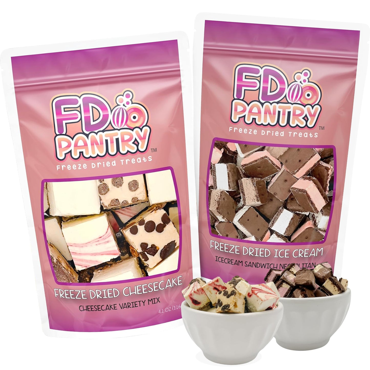Freeze Dried Cheesecake Bites & Ice Cream Sandwich Bites - New York Style, Neapolitan - Chocolate, Strawberry, Vanilla - Crunchy