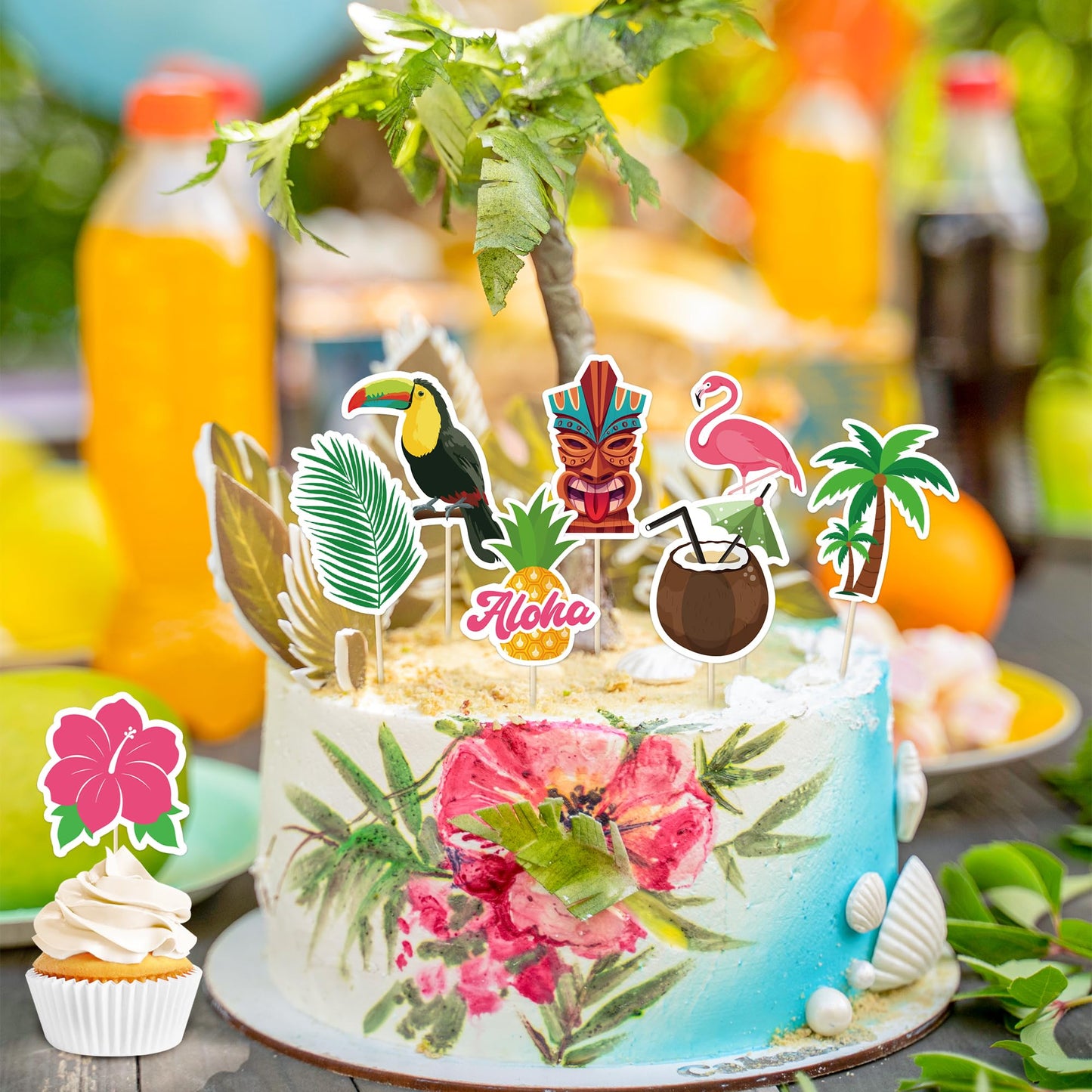 50 Pcs Tropical Cake Sticks, Disposable Tiki Flamingo Pineapple Palm Leaf Cake Toppers, Luau Cake Decorations For Summer Hawaiia