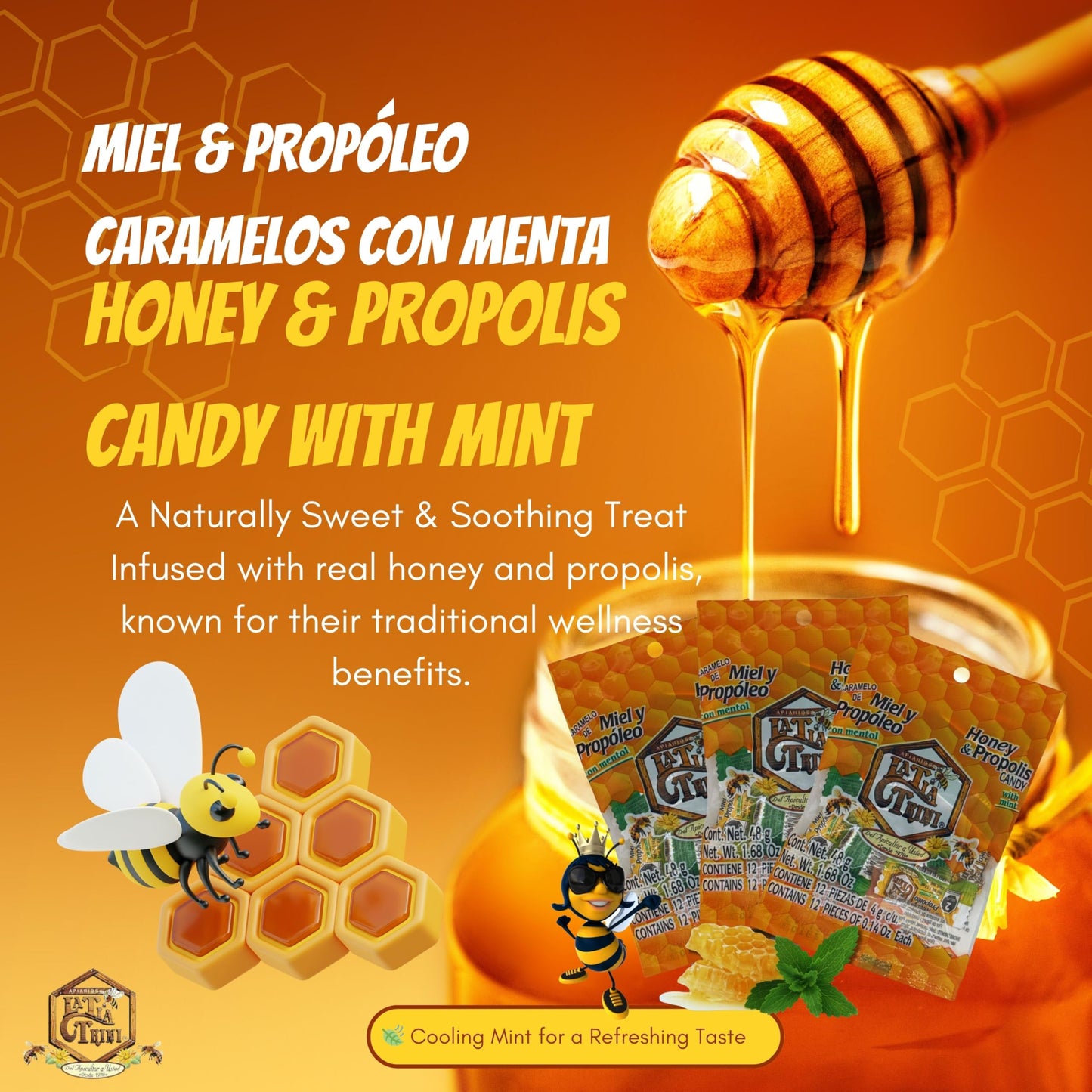LA TIA TRINI Honey & Propolis Candy with Mint - 3 Pack (12 Candies Each) - Soothing Natural Lozenges - Yellow