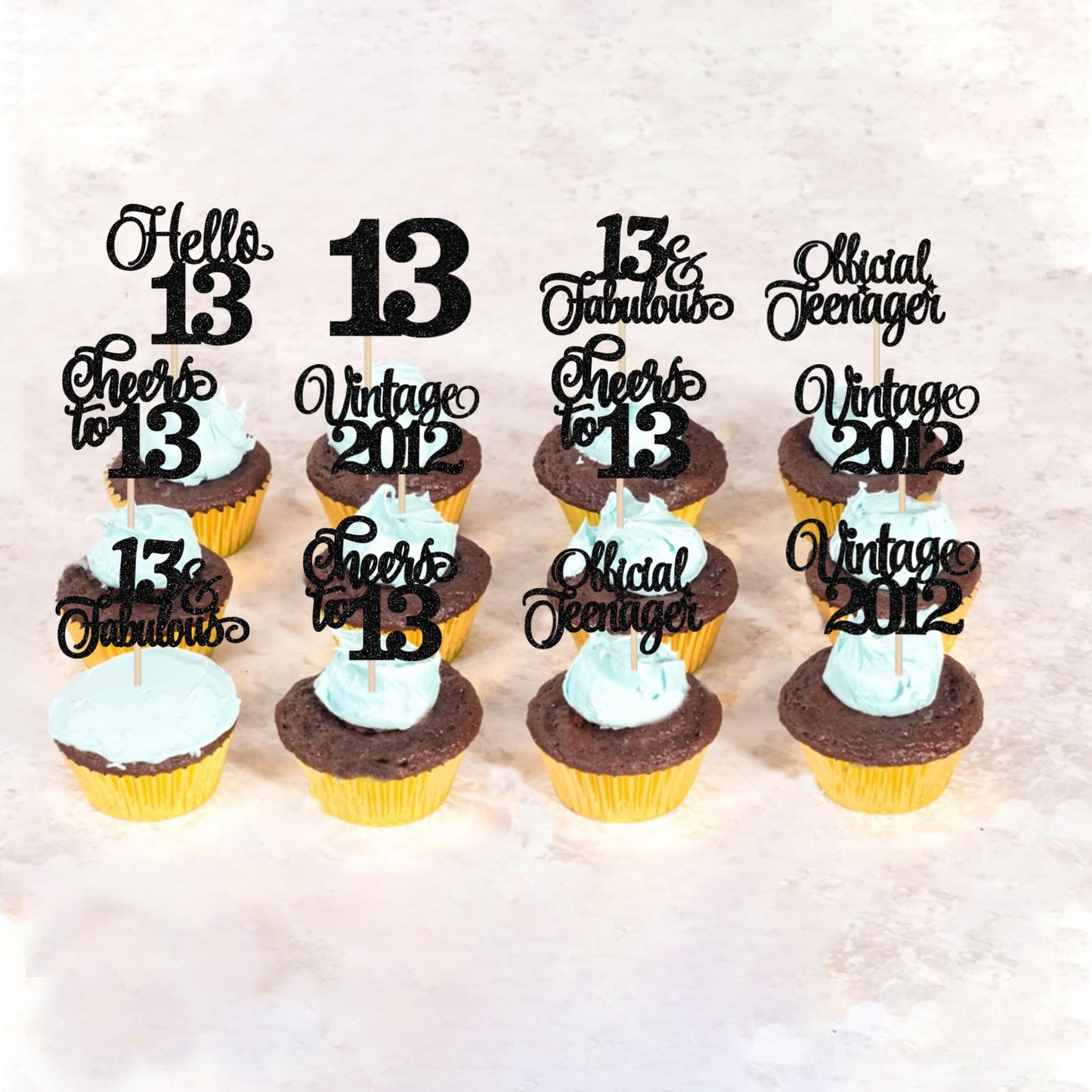 Rssta i Cupcake Toppers 24 Pack Glitter 13th Birthday Decorations Black