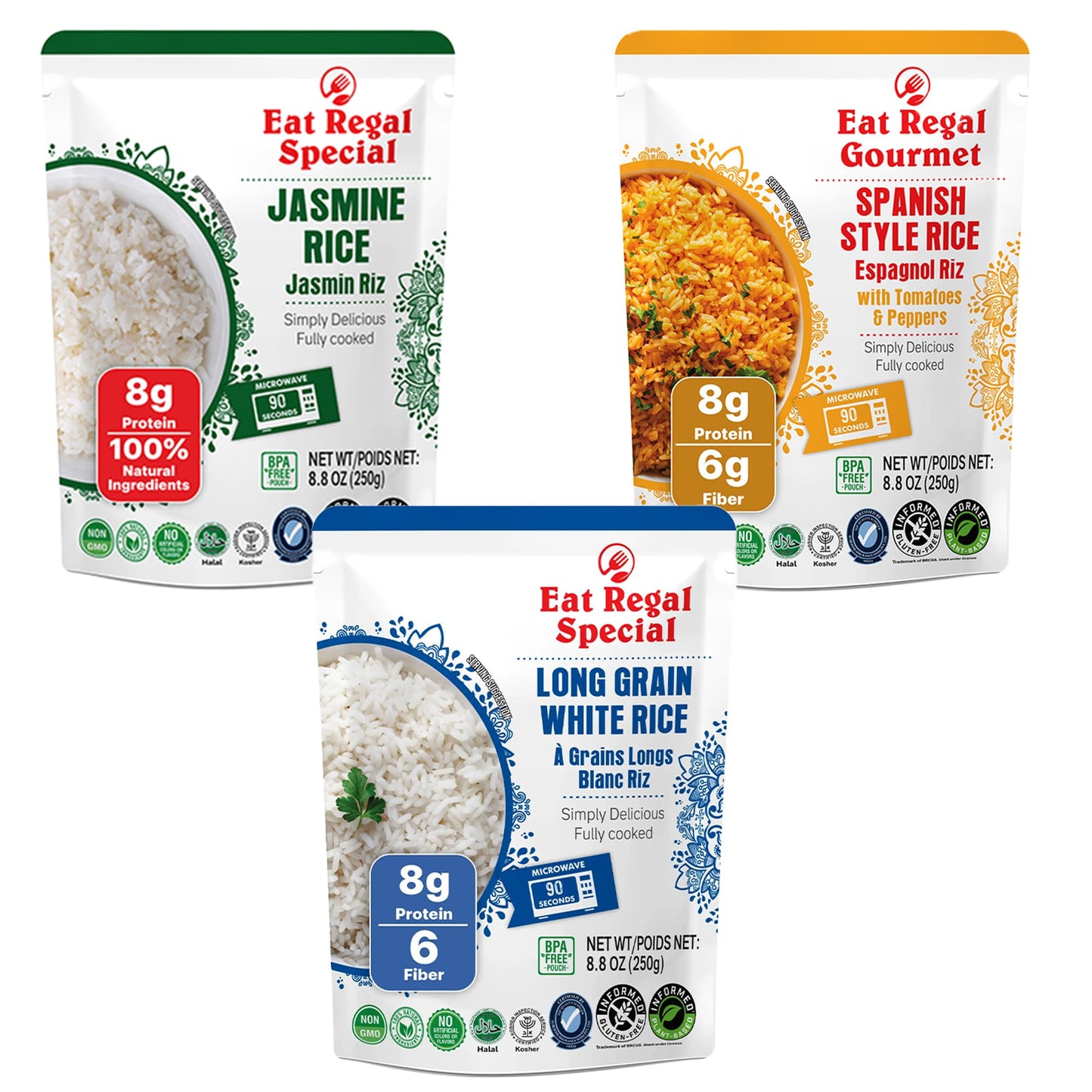Eat Regal Rice Variety Pack - 6-Pack (8.8 oz Each) - Includes Spanish, Thai Jasmine & Long Grain White - Microwave in 1.5 Minute