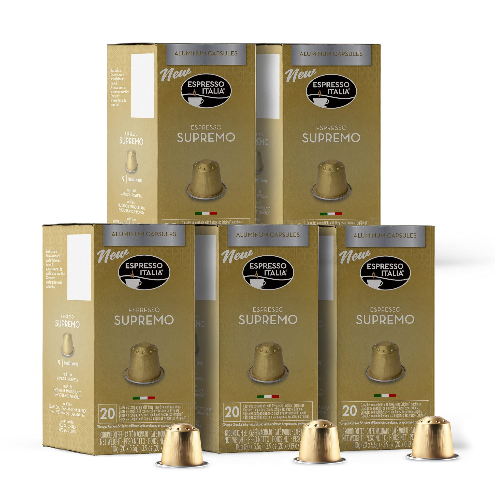 Espresso Italia Supremo Blend Coffee Pods - 100 Aluminum Capsules Compatible with Nespresso Original Lines - 20 Count (Pack of 5)