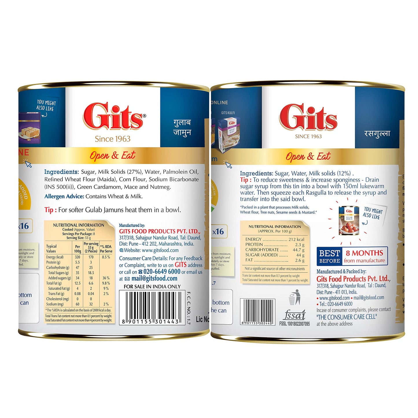 Gits 2Kg Gulab Jamun + Rasgulla Combo (1Kg Gulab Jamun Tin + 1Kg Rasgulla Tin)