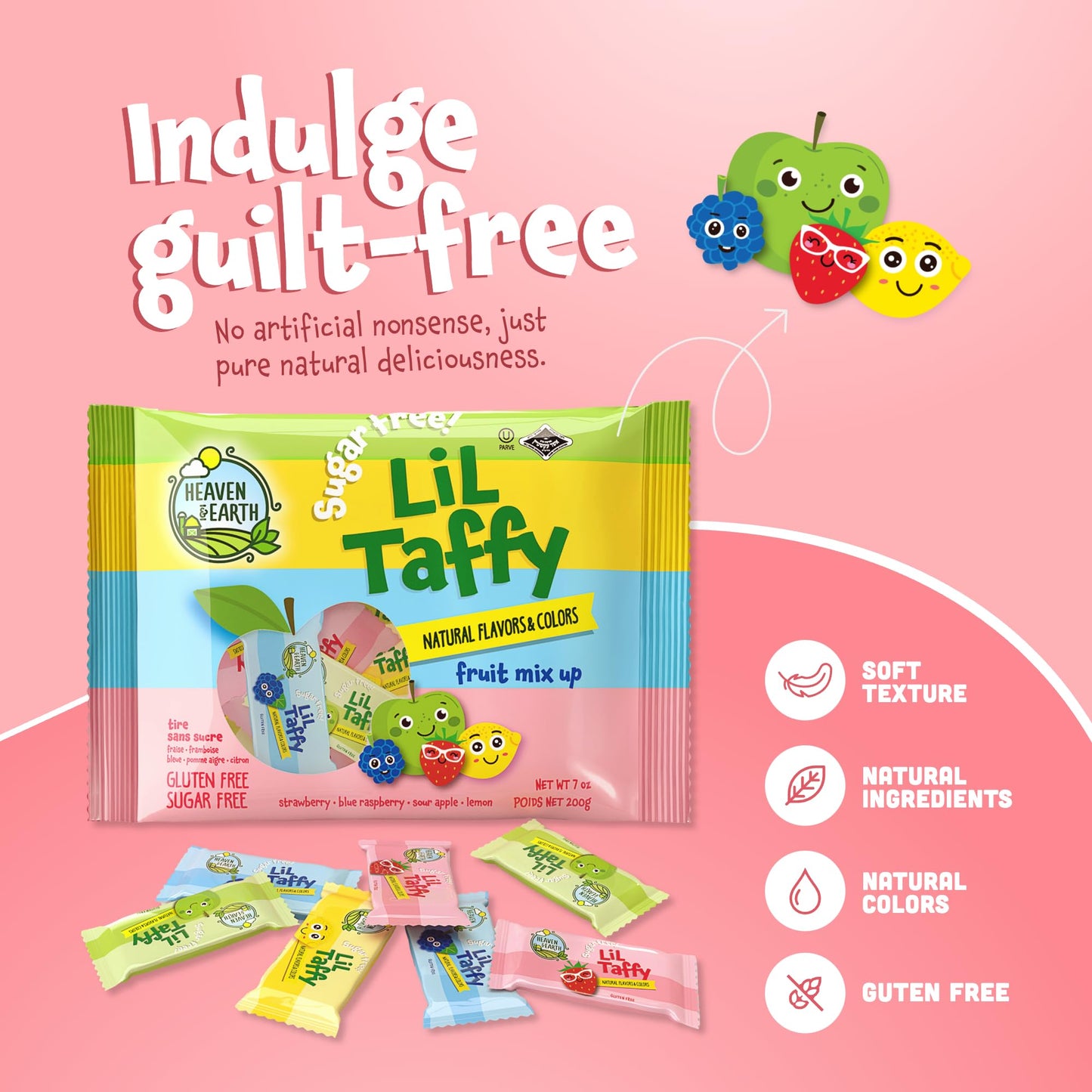 Heaven & Earth Sugar Free Lil Taffy Fruit Mix (Approx. 20 Count) | Dye Free Candy | Made With Natural Colors & Flavors, No High Fructose Corn Syrup, Gluten Free, Nothing Artificial, Goody Bag And Pinata Fillers, Kosher, Wonderfully Delicious!