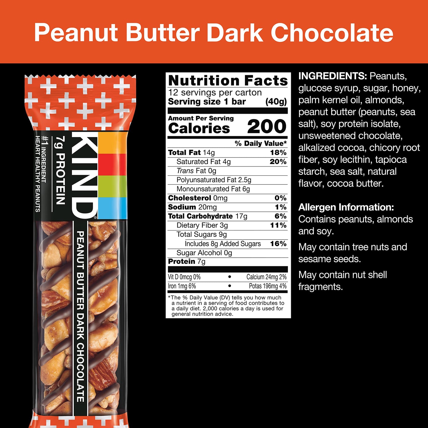 Kind Bars, Peanut Butter Dark Chocolate, Healthy Snacks, Gluten Free, 24 Count