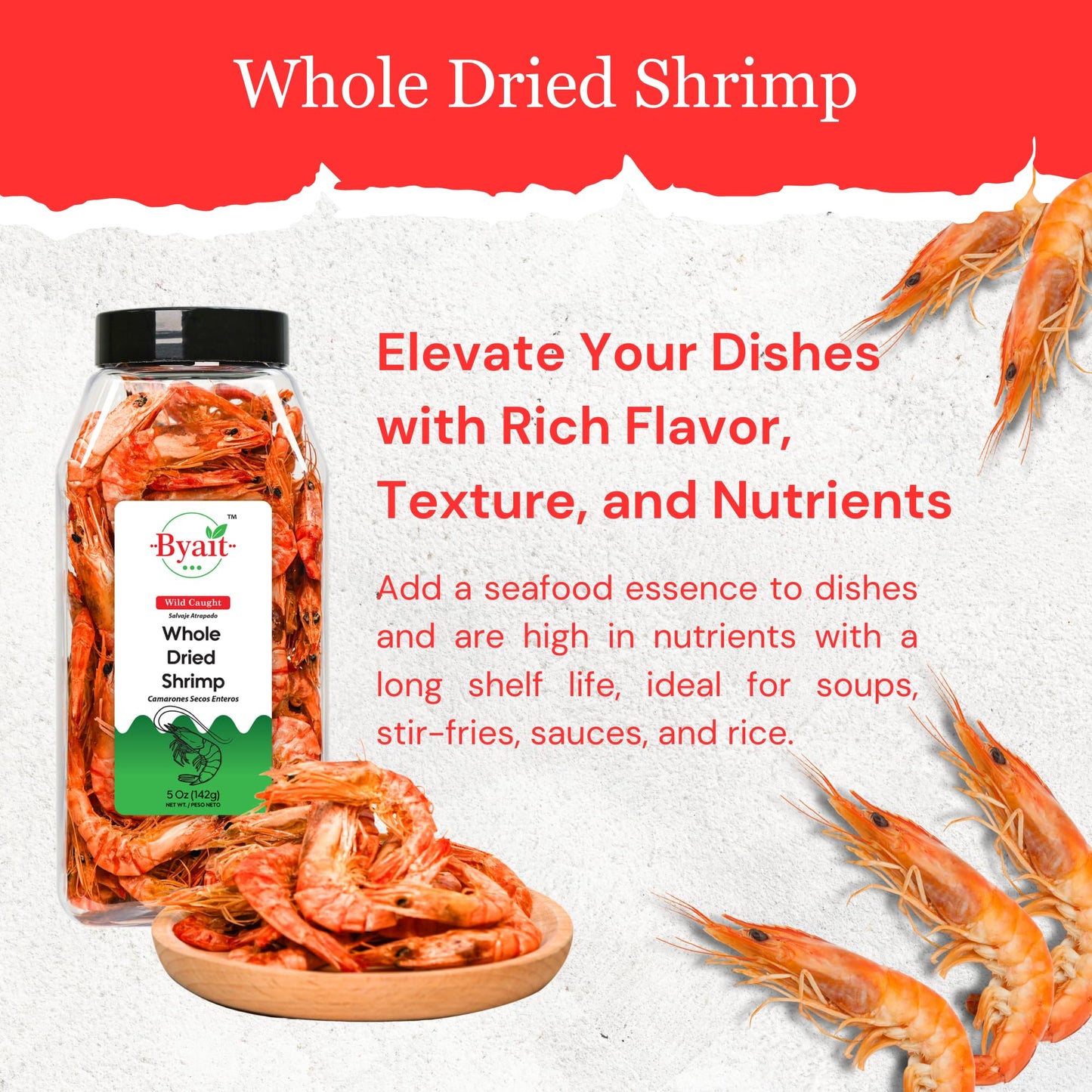Byait Whole Dried Shrimp 5 Oz, Approx. 95 Pieces, Jumbo Dehydrated & Wild-Caught Shrimp For Snacks, Salads, Soups, Cooking & Ram