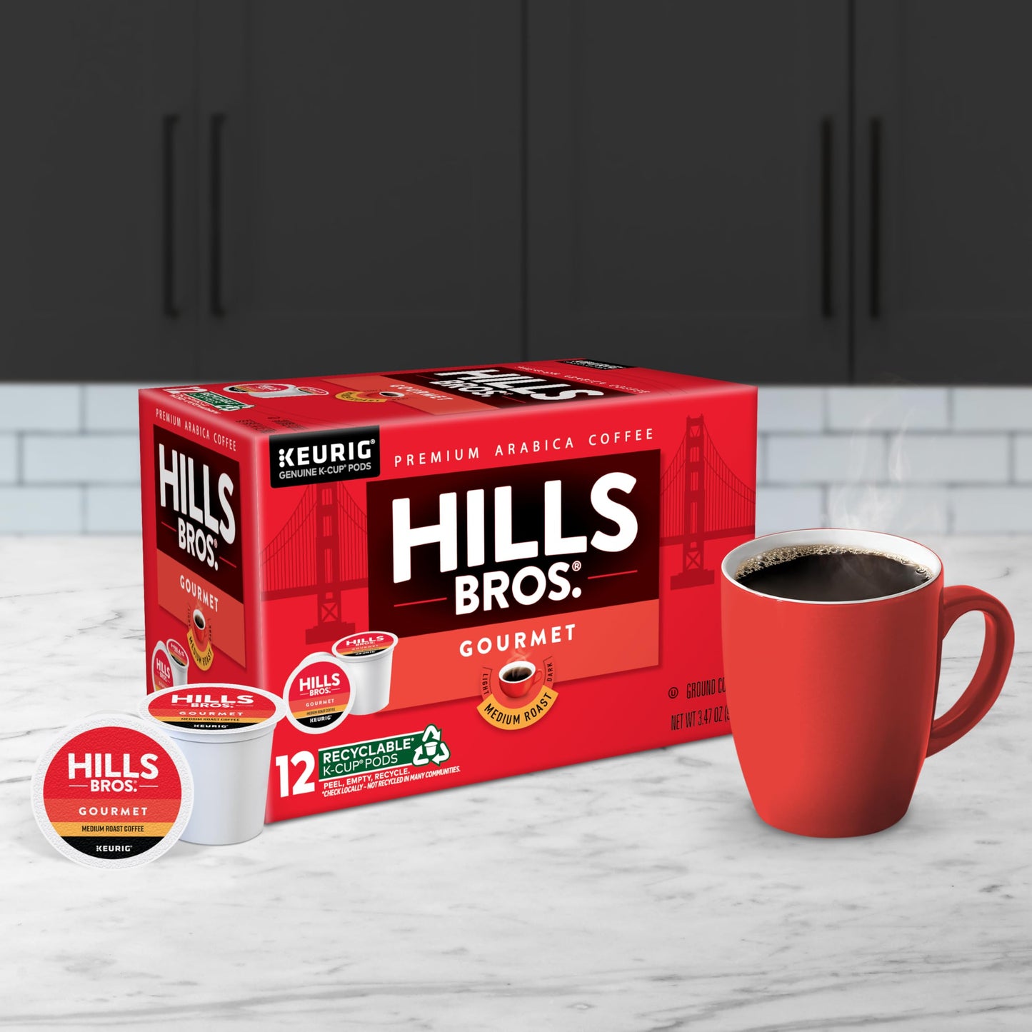 Hills Bros. Gourmet Blend Coffee, Single Serve Keurig K-Cup Pods, Medium Roast Coffee, 12-Count Box