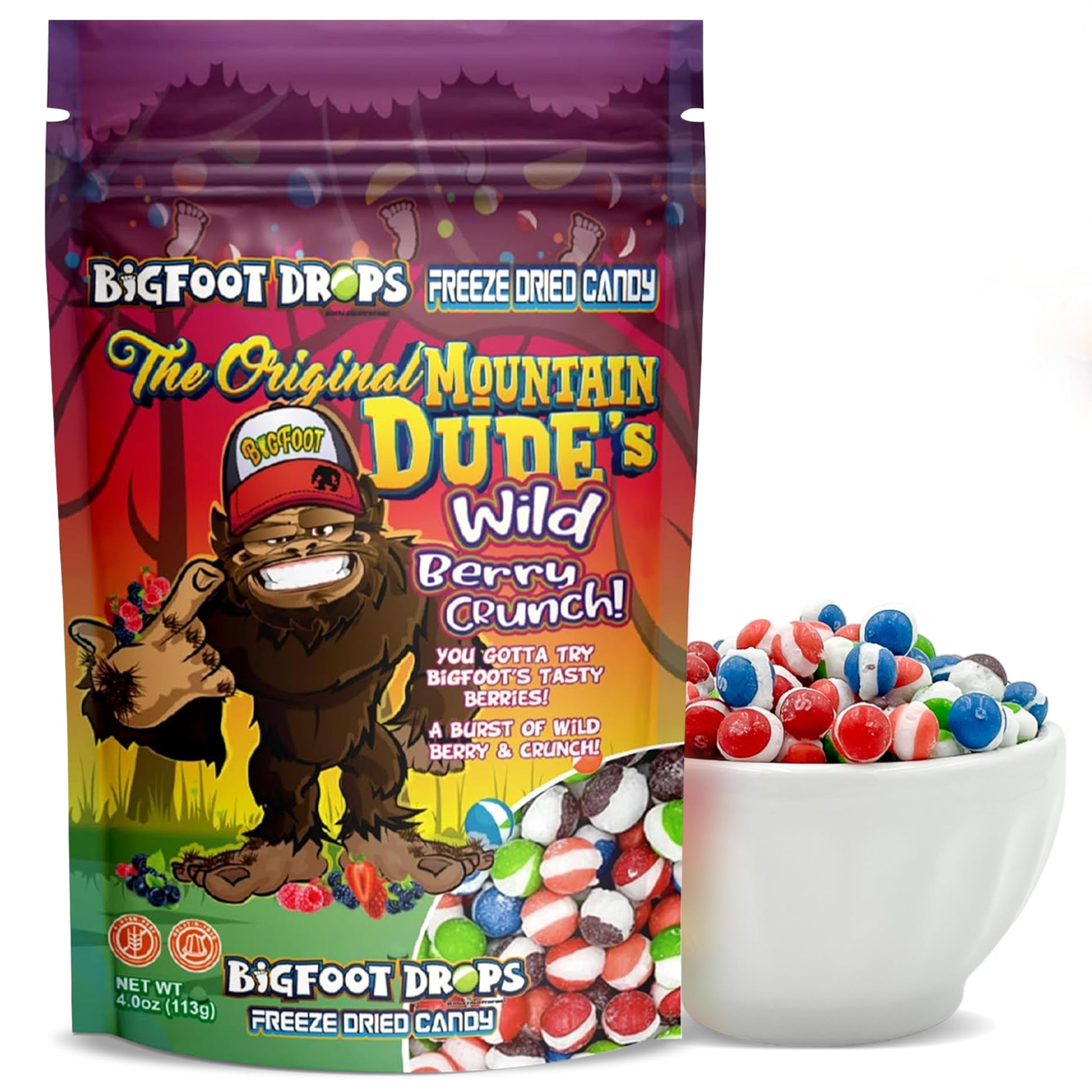 The Original Mountain Dudes Wildberry Crunch, Freeze Dried Candy, 4 Oz, Assorted Berry Punch, Melon, Strawberry, Cherry, Raspberry, Bag Pouch, Ideal Gift Snack