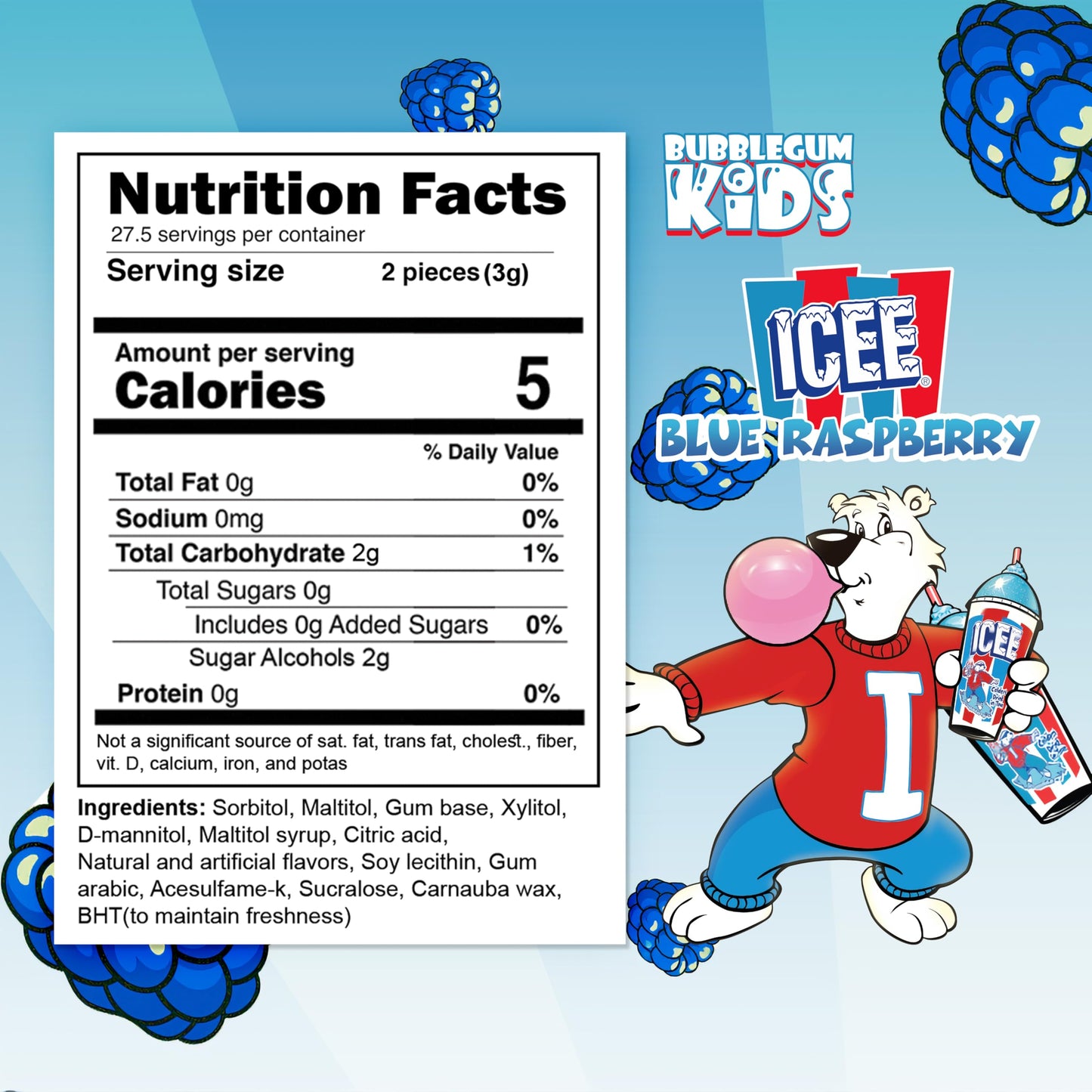 Bubblegum Kids ICEE Blue Raspberry Sugar Free Gum | Vegan, Low Calorie | 55 Count Pack | Blue