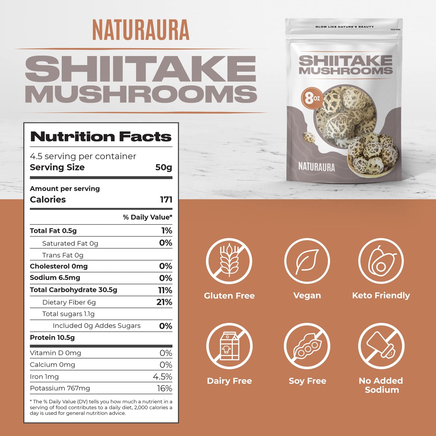 NATURAURA Dried Shiitake Mushrooms - 8 oz, Vegan, Gluten Free, Umami Rich, White/Brown