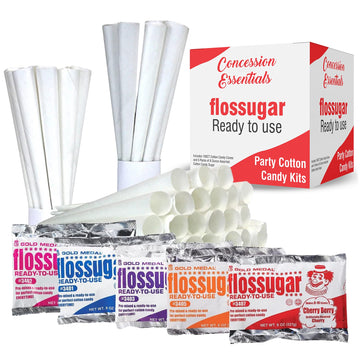 Concession Essentials New Carnival Party Cotton Candy Kits.Includes 100Ct Cotton Candy Cones And 5 Packs Of 8 Ounce Assorted Cotton Candy Sugar