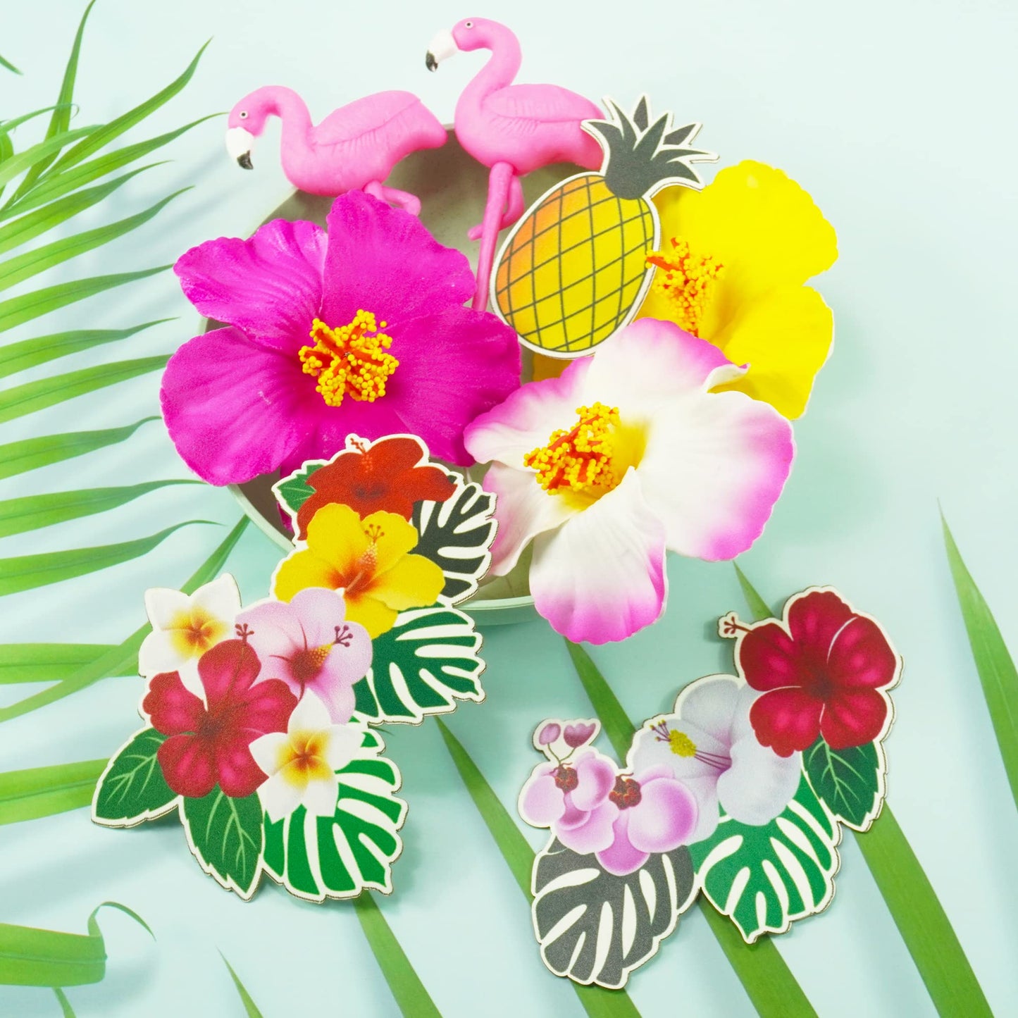 12 Pcs Flamingo Cake Toppers Flamingo Palm Leaves Hibiscus Flowers Hawaiian Cake Decorations For Tropical Luau Themed Birthday W