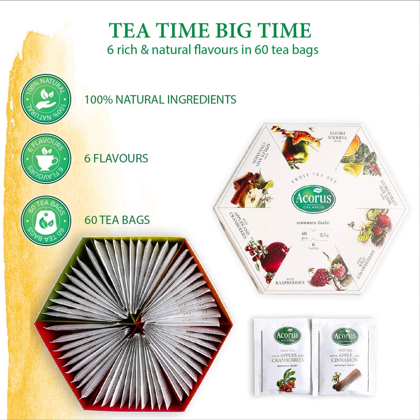 Acorus Summer Taste Tea Set | Perfect For Making Iced Tea | Natural Assorted Tea Hamper Box Gift Set | Large Selection Box 60 Te