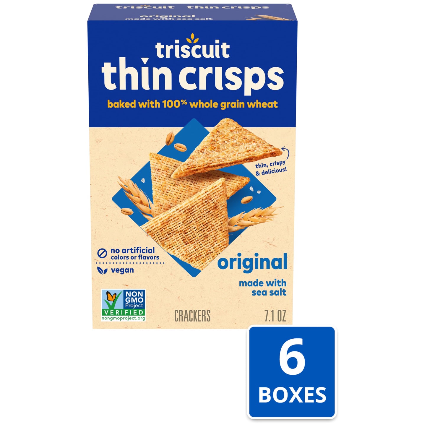 Triscuit Thin Crisps Original Whole Grain Wheat Crackers, Vegan Crackers, 6 - 7.1 Oz Boxes