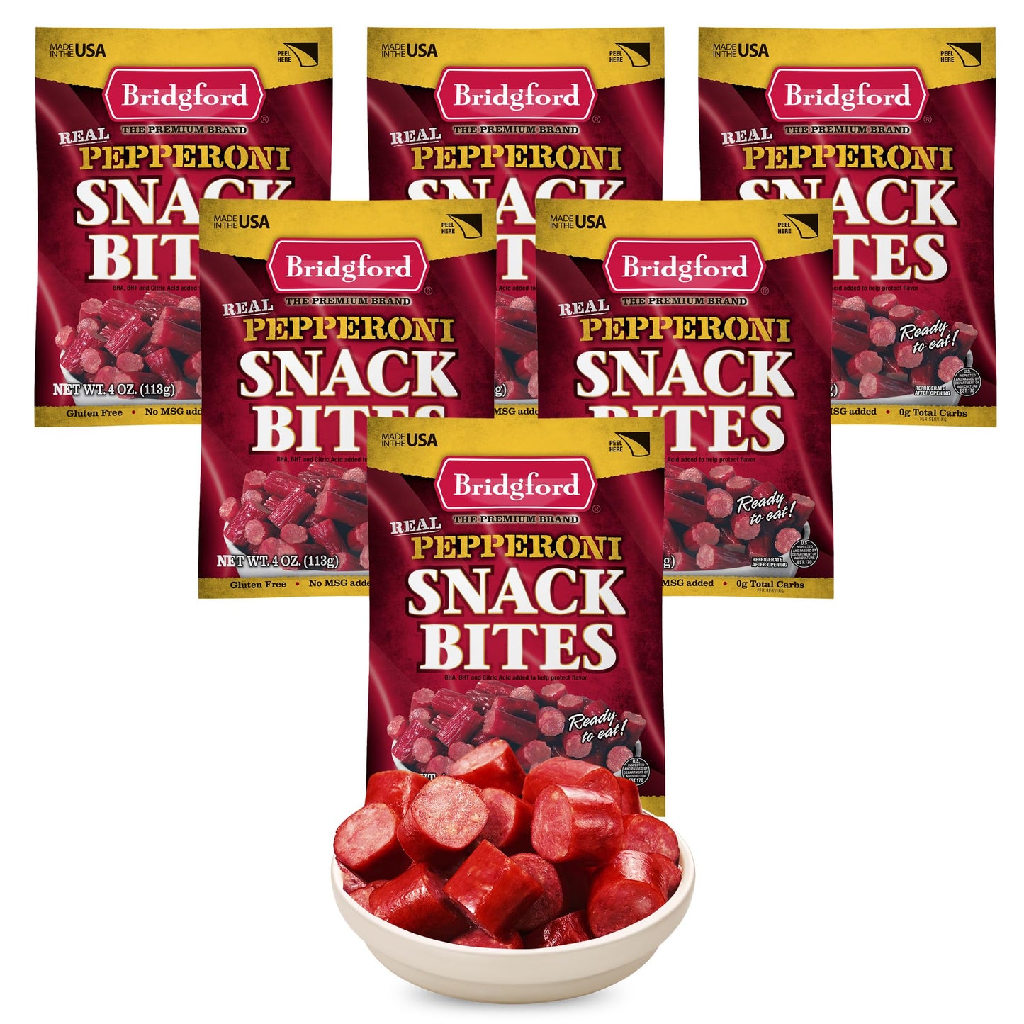 Bridgford Pepperoni Snack Bites 4 oz Pack of 6 - Ready-to-Eat Pepperoni Snacks for On-the-Go Snacking - Pork and Beef Pepperoni 