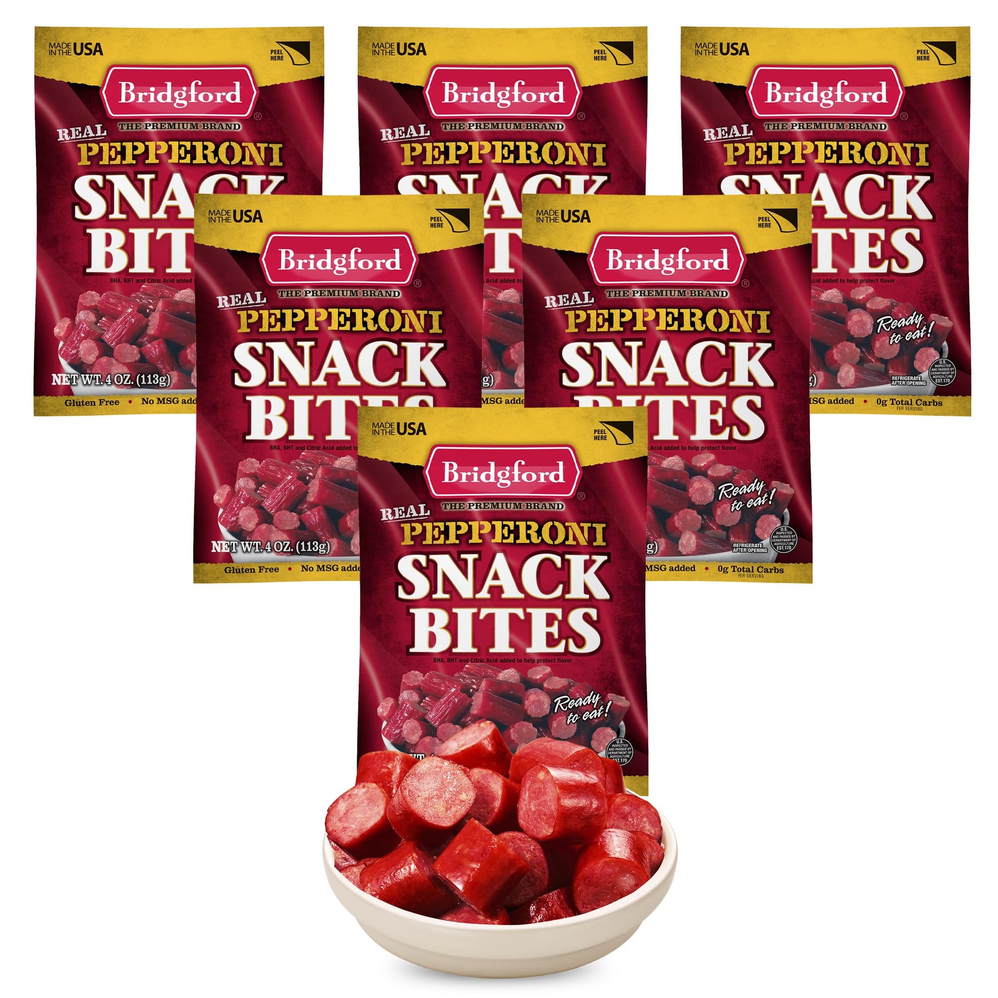 Bridgford Pepperoni Snack Bites 4 oz Pack of 6 - Ready-to-Eat Pepperoni Snacks for On-the-Go Snacking - Pork and Beef Pepperoni 
