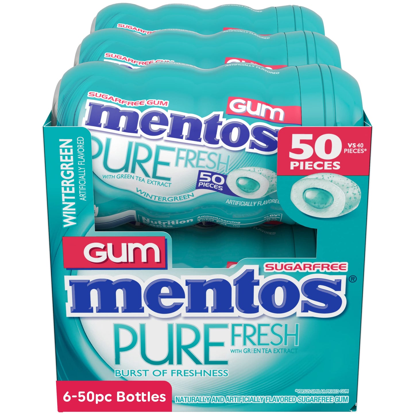 Mentos Pure Fresh Sugar-Free Chewing Gum With Xylitol, Wintergreen, Bulk, 50 Count ( Pack Of 6)