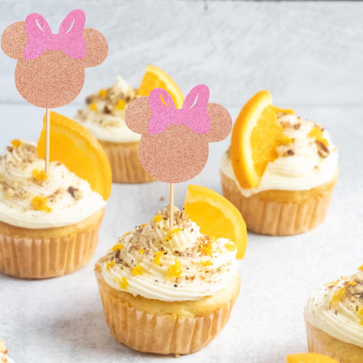 Arthsdite 24Pcs Mouse Inspired Cupcake Toppers With Pink Bow Rose Gold Glitter Mouse Cake Decorations For Baby Shower Wedding Ki