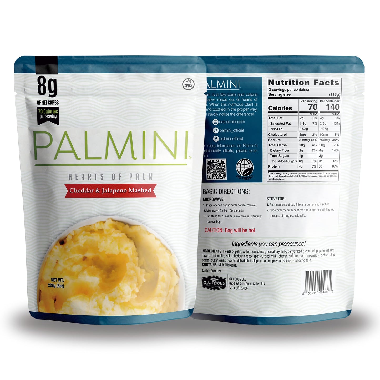 Palmini Cheddar & Jalapeno Mashed Hearts of Palm, Low Carb, 70 Calories, 8g Net Carbs, 8 Ounce Pouch, Pack of 6