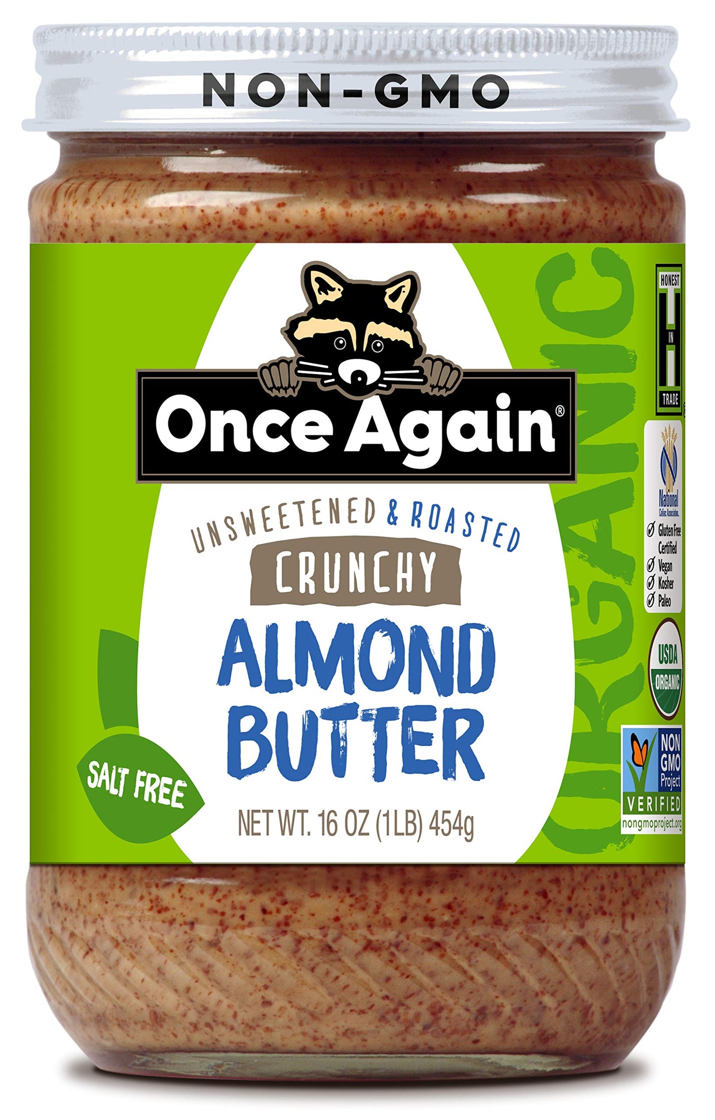 Once Again Organic Crunchy Almond Butter, 16oz - Roasted - Salt Free, Unsweetened - USDA Organic, Gluten Free Certified, Peanut