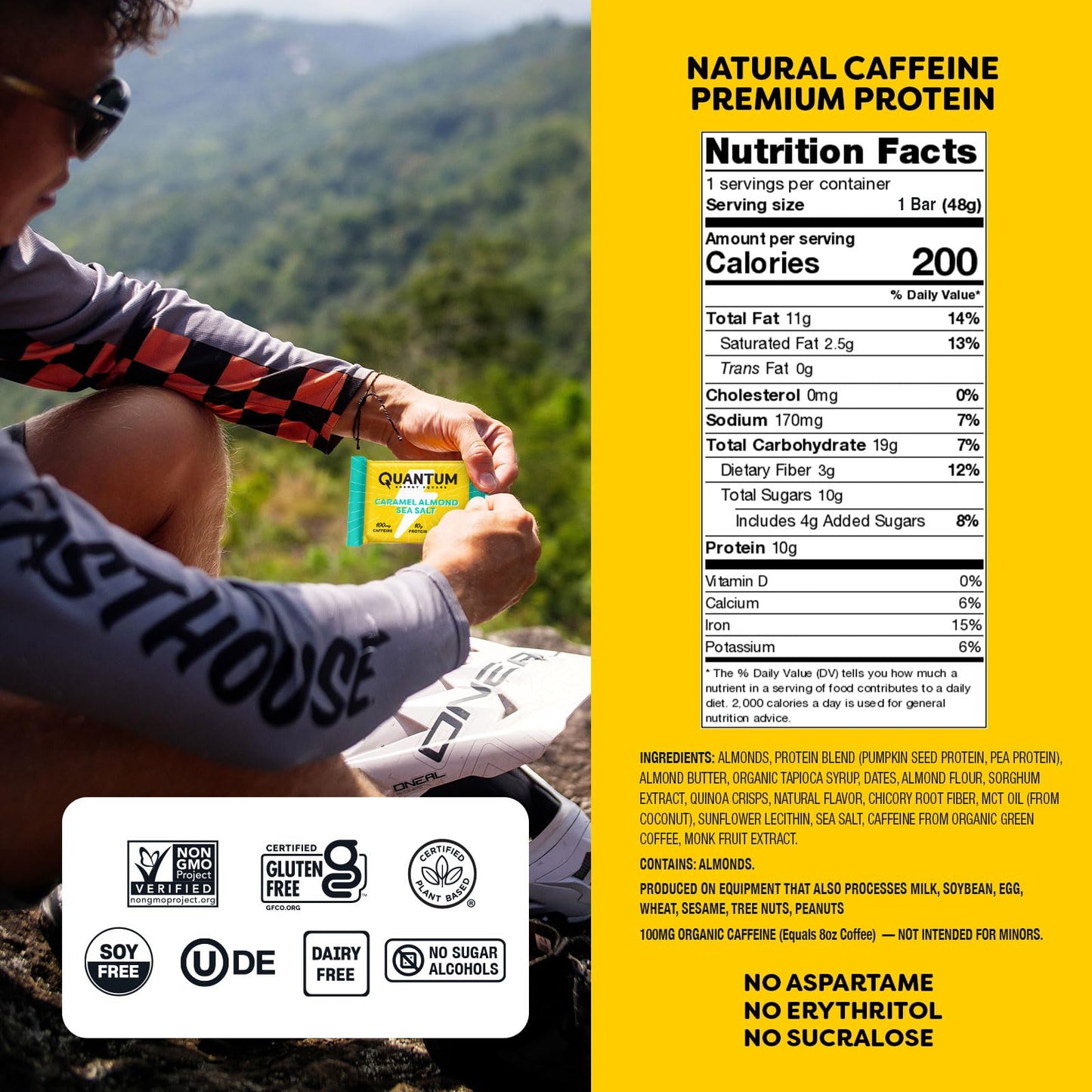 Quantum Energy Square: Energy Bar With Caffeine & 10G Protein. Delicious Healthy Snack On The Go. (Vegan, Gluten-Free, Soy-Free, Dairy-Free) (Caramel Almond Sea Salt)