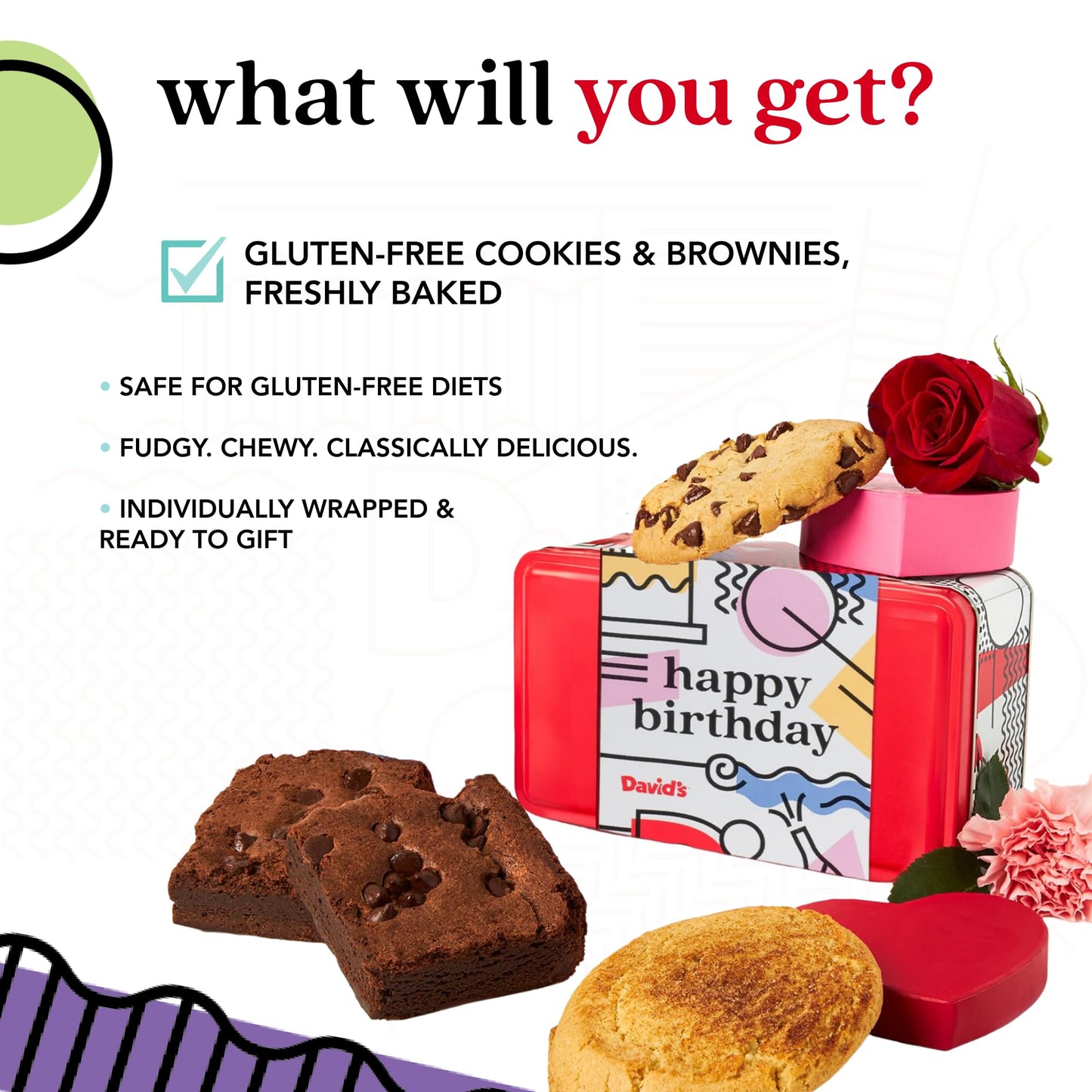 Davids Cookies Happy Birthday Gift Sampler Tin - Crunchy Gourmet Cookies - Bakery Snack Gift for Birthdays  Celebrations and Special Occasions - Gluten-Free Cookies & Brownies
