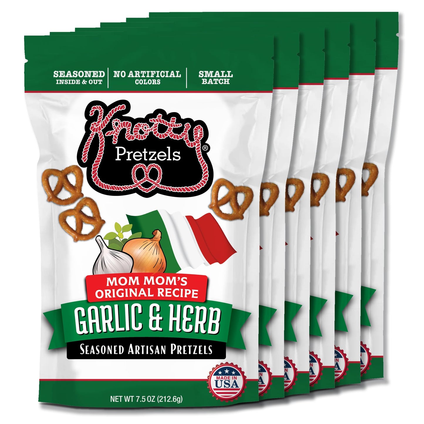Knotty Pretzels “The Official Pretzel Of Malt-Inspired” 7.5 Oz Individual Seasoned Pretzels In Resealable Pretzel Snack Bags, The Perfect Pairing For Malt-Inspired, Savory Italian Flavor (6-Pack)