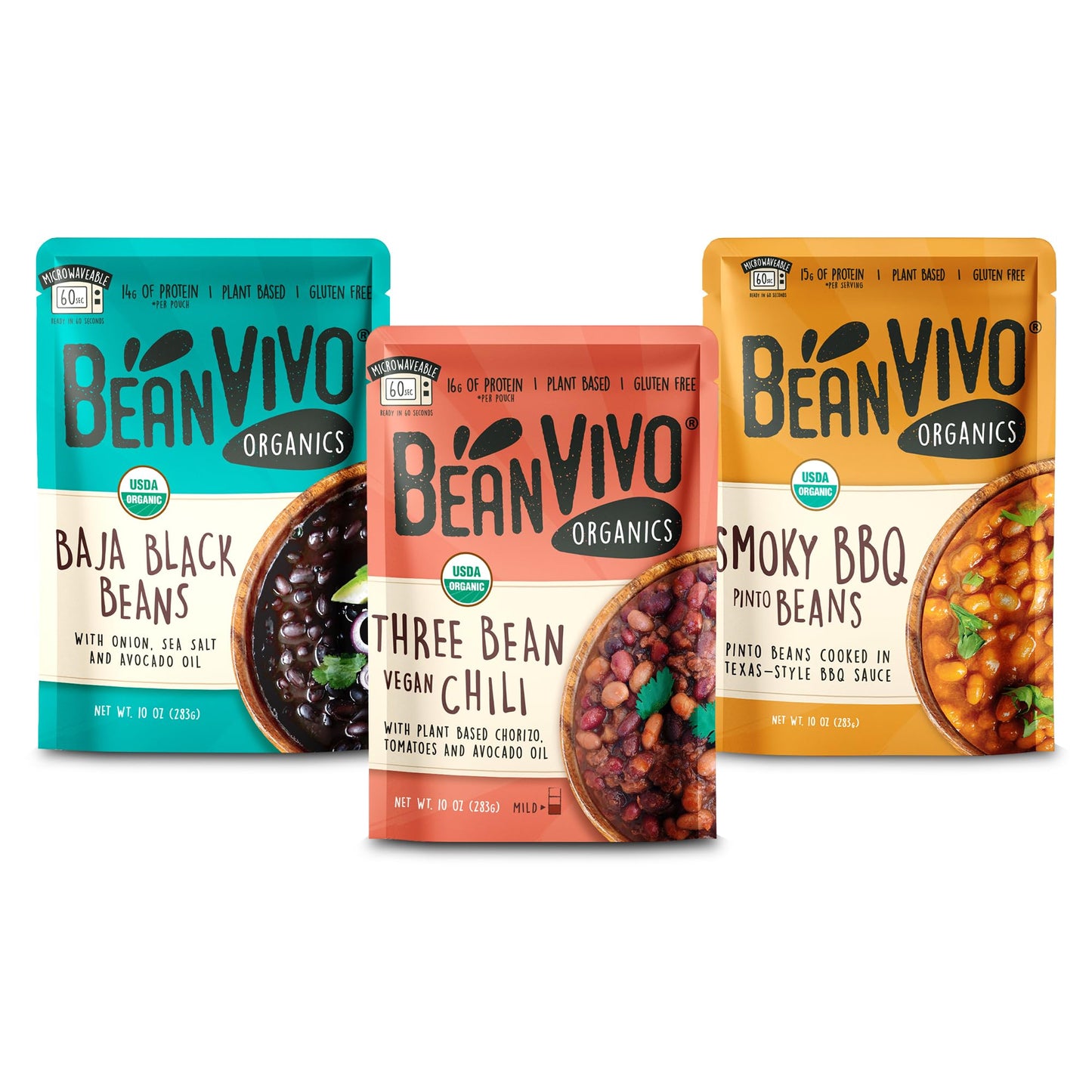 Beanvivo - Variety 3 Pack (10 Oz Each) - Organic Baja Black Beans, Three Bean Chili, Bbq Pinto Beans - Seasoned & Ready To Eat,
