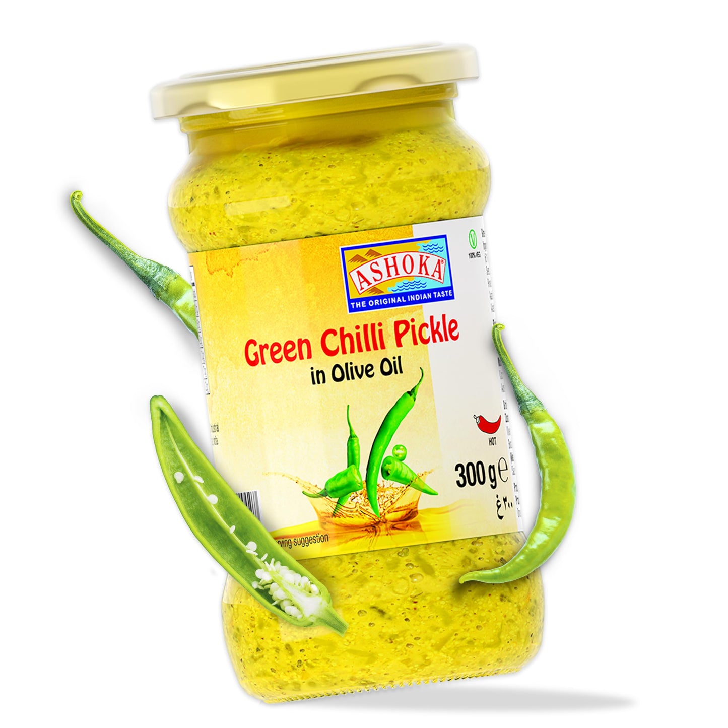 ASHOKA Green Chilis Pickle in Olive Oil, All Natural, Vegan, 300 Grams (Pack of 1)