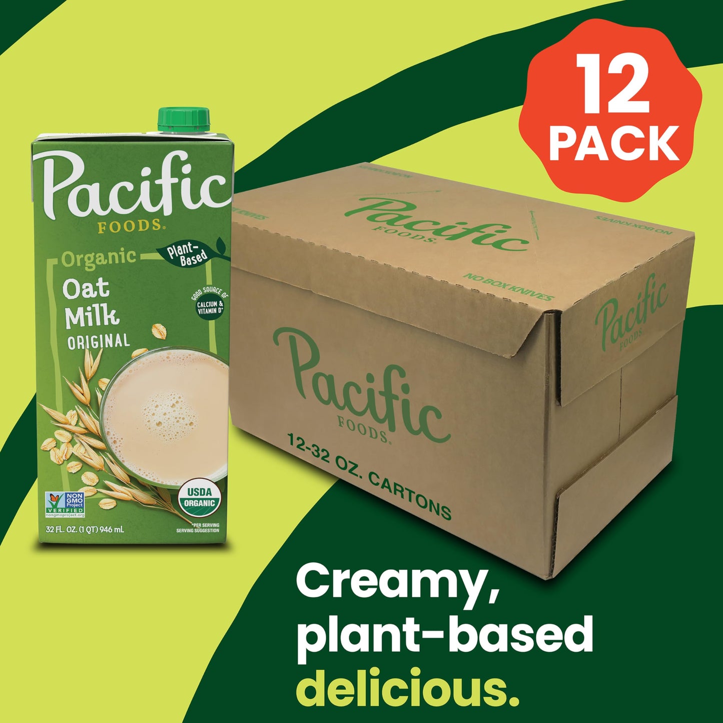 Pacific Foods Original Organic Oat Milk, Plant Based Milk, 32 oz Carton (Pack of 12)