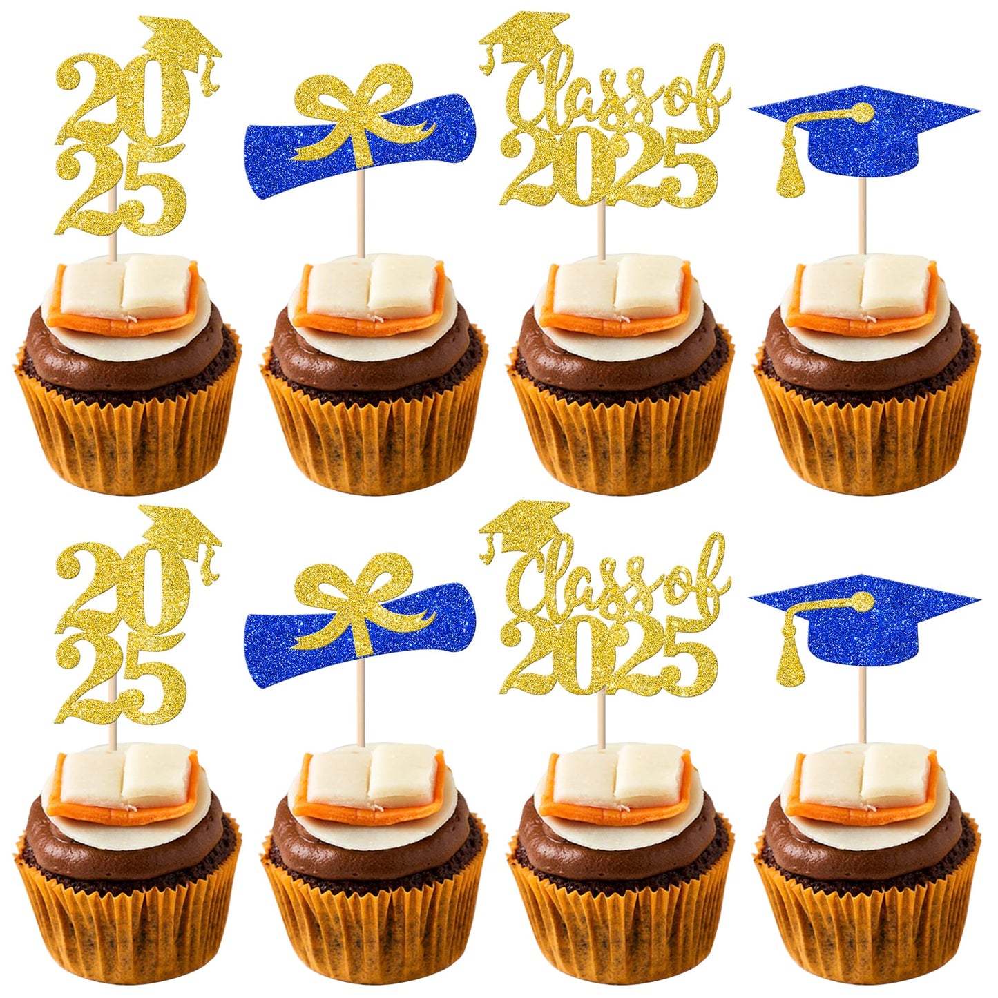 YCTHUNFISH 24 Pack Cupcake Toppers Graduation Theme Gold Blue Glitter 2025 Diploma Grad Cap Decorations