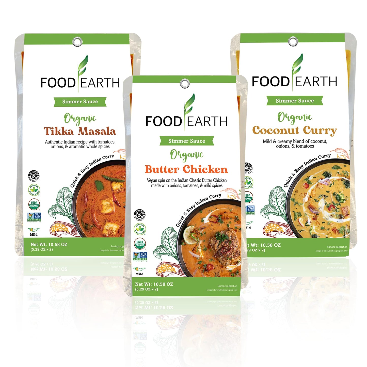 Food Earth Indian Simmer Sauces - Butter Chicken, Coconut Curry & Tikka Masala - Organic, Vegan, Gluten-Free Cooking Sauces (6 P