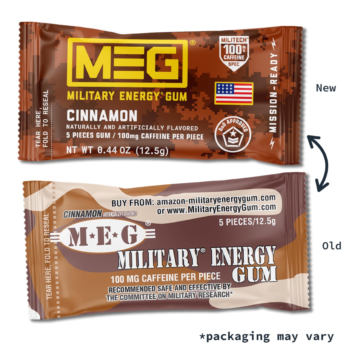 MEG Military Energy Gum - Cinnamon Flavor, 100mg Caffeine per Piece, Pack of 18, Brown