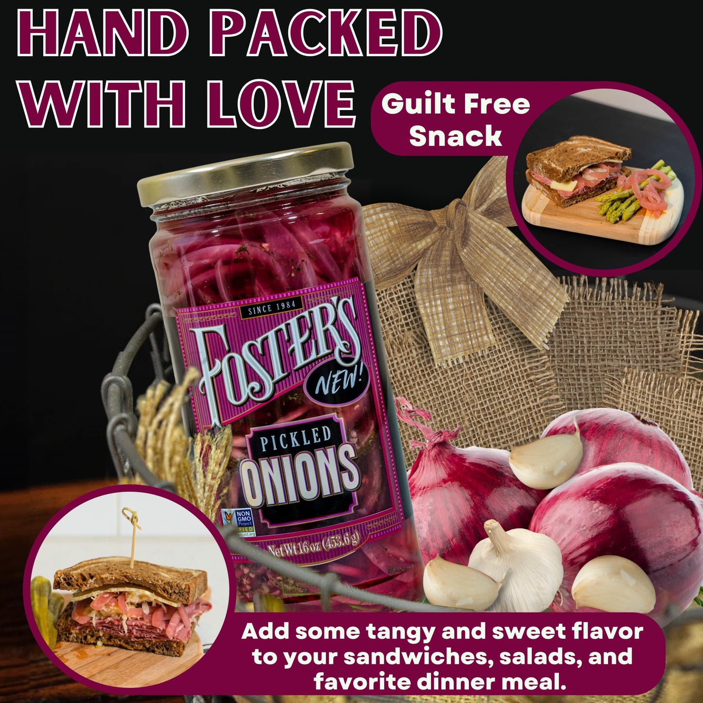 Foster'S Pickled Red Onions In A Jar, 16Oz, 1 Pack, Traditional Vegetables Recipe Over 40 Years, Gluten, Fat, And Preservative F
