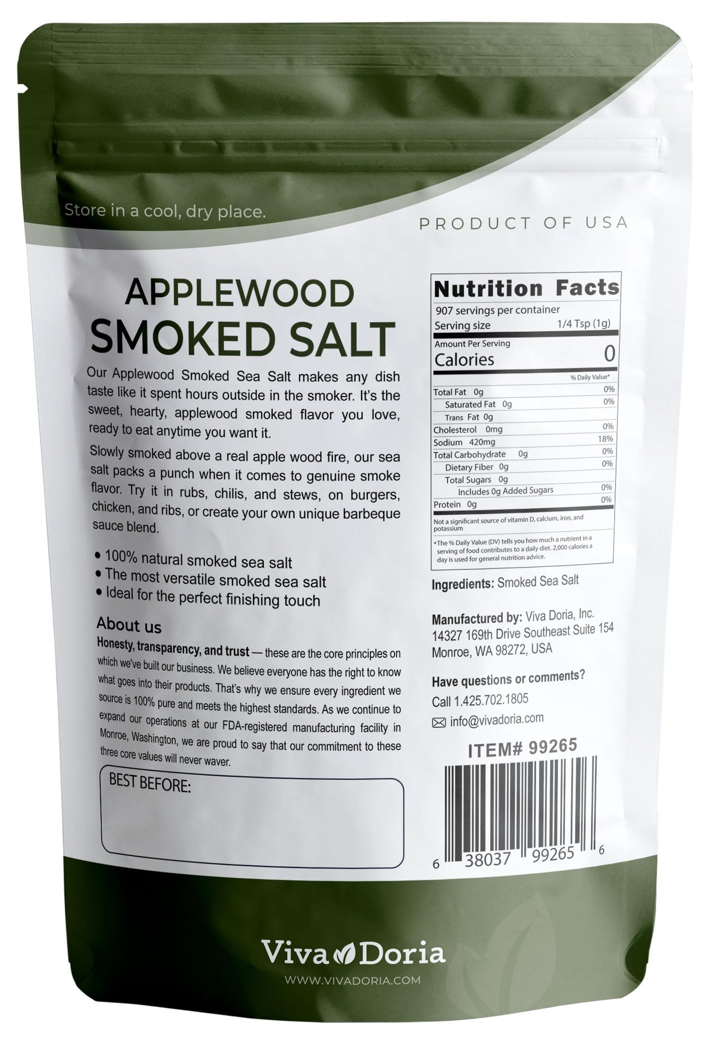 Viva Doria Applewood Smoked Sea Salt, Fine Grain, 32 Ounce (Pack of 1)