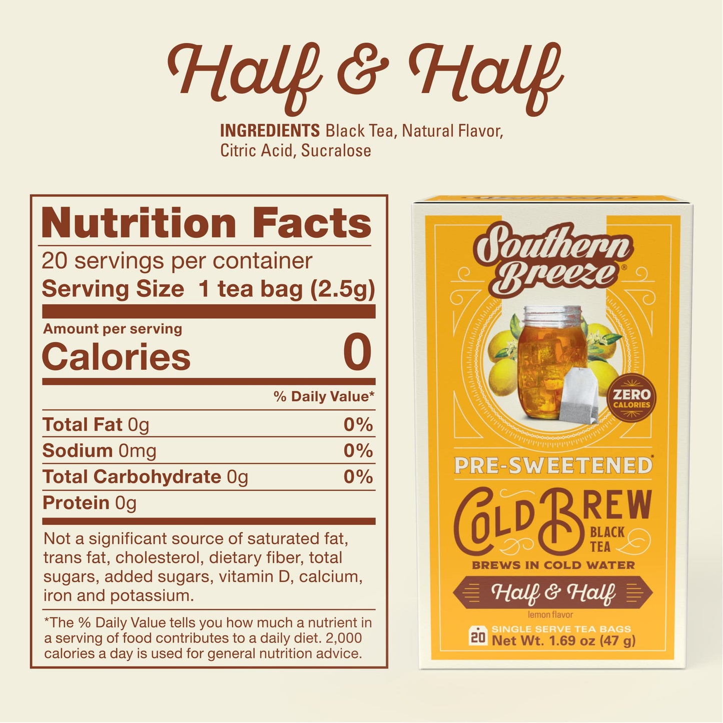 Southern Breeze Cold Brew Sweet Tea Half & Half Iced Tea With Black Tea And Zero Carbs Zero Sugar, 20 Individually Wrapped Tea Bags Southern Sweet Tea Iced Tea Beverage