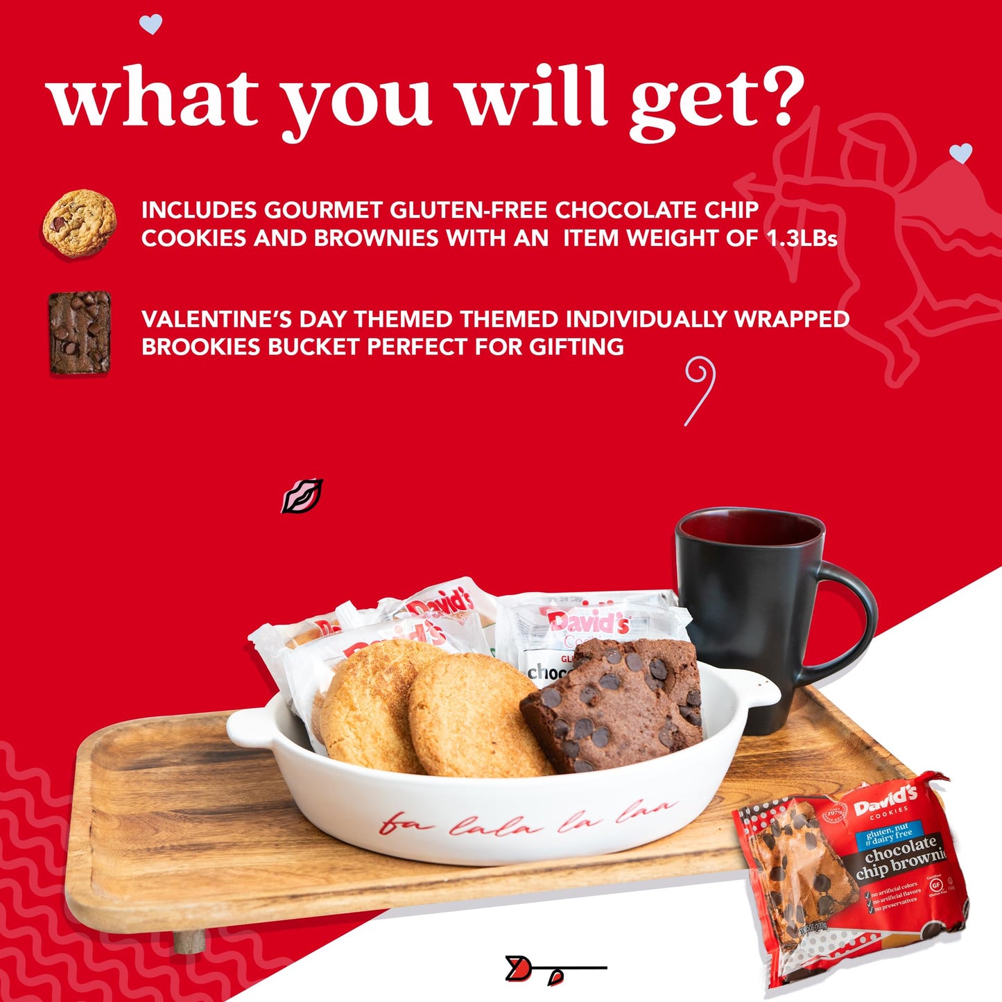 Davids Cookies Gluten Free Assorted Cookies And Brownies Bucket Sampler - Comes In A Love-Themed Decorated Bucket 1.3Lbs - Fresh