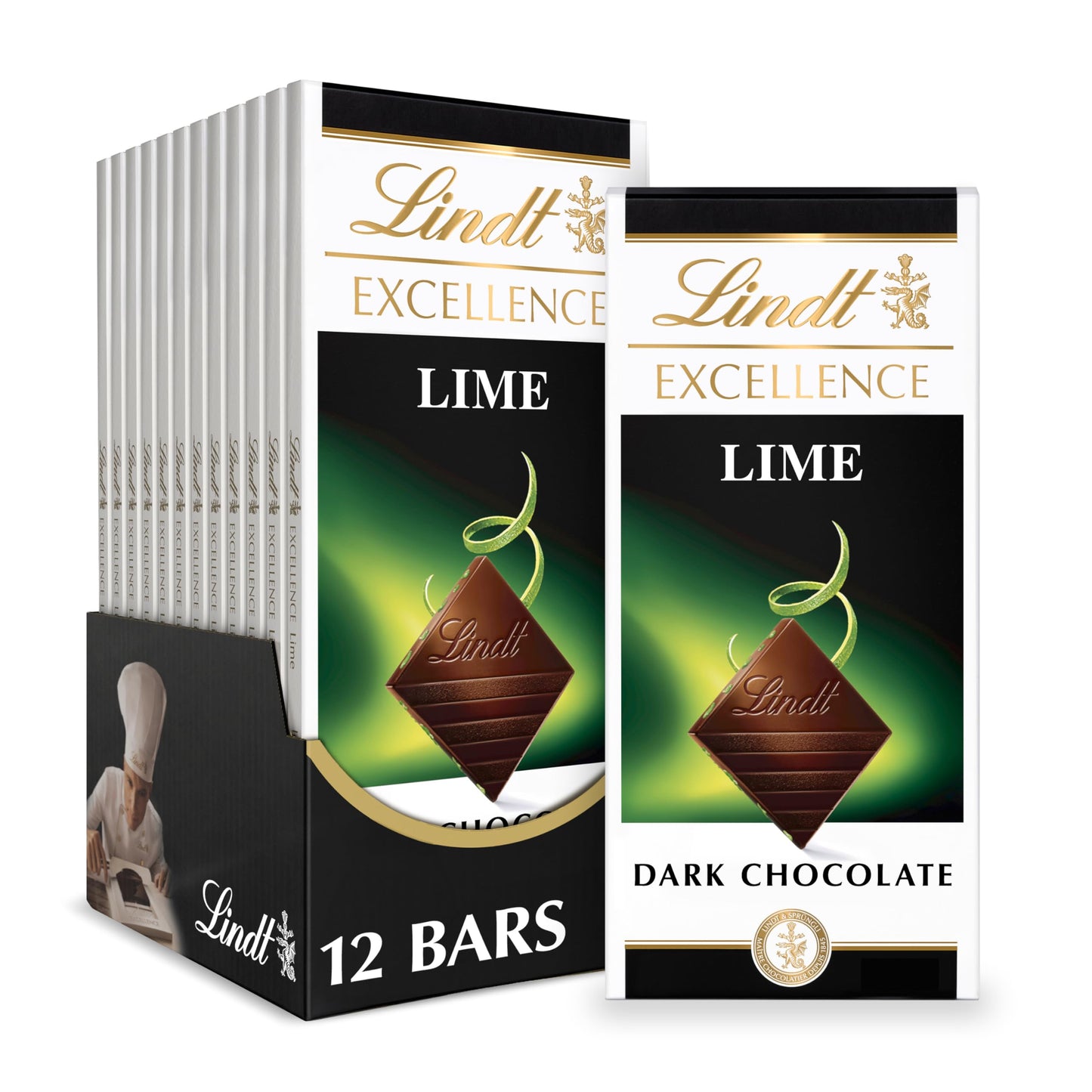 Lindt EXCELLENCE Dark Chocolate Candy Bar, Lime Flavor, 3.5 oz, Pack of 12