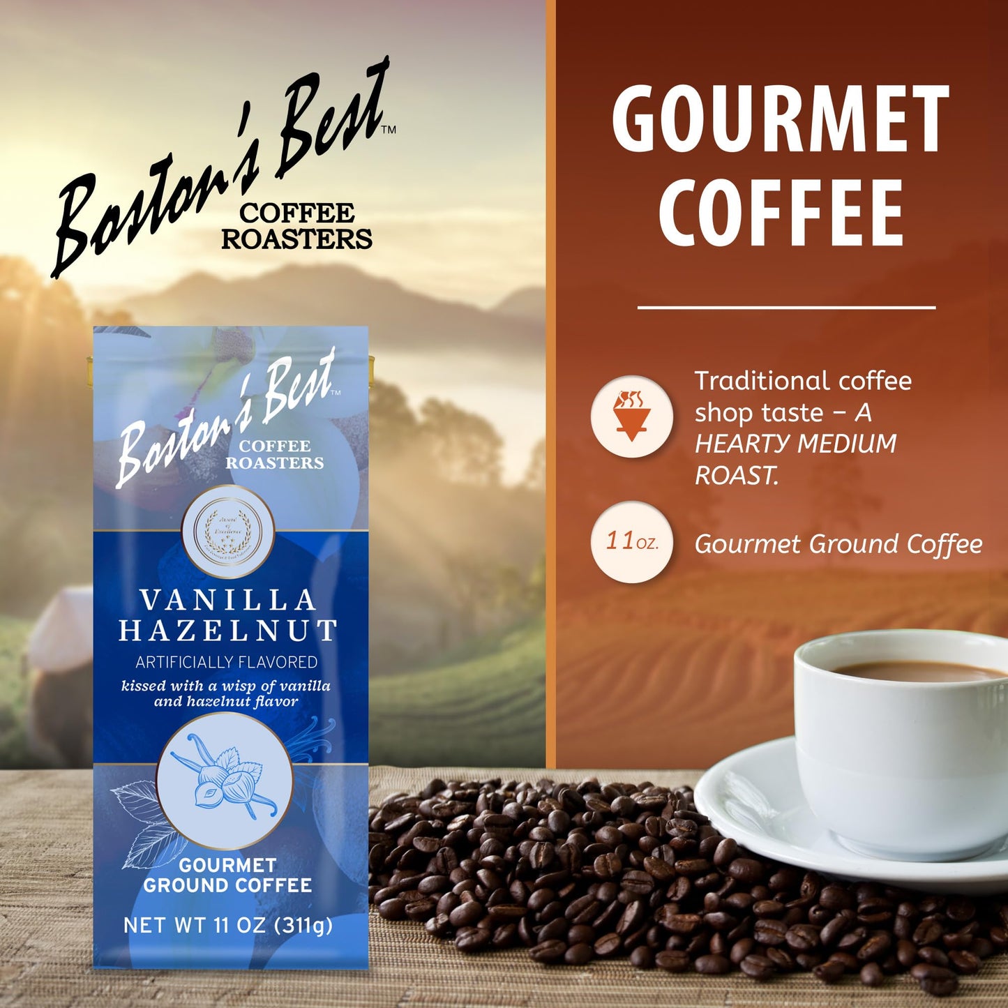 Bostons Best Coffee - Vanilla Hazelnut Medium Roast, 11 oz Gourmet Coffee Bag
