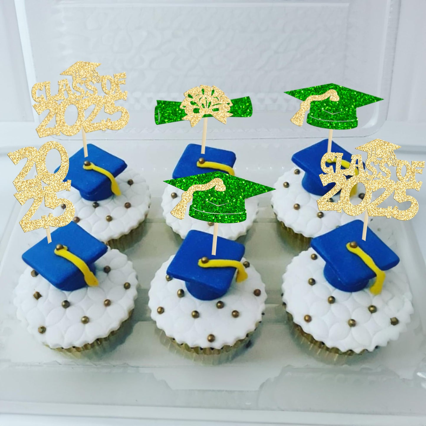 Ephlyn Graduation Cupcake Toppers 36Pcs Glitter Class of 2025 Gold Green Decorations