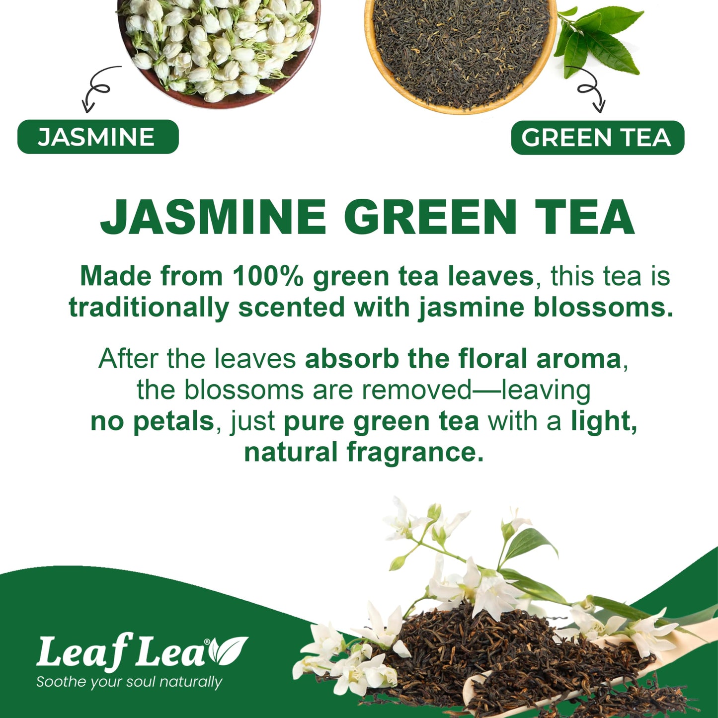 LeafLea 80 Jasmine Green Tea Bags, Green Tea with Natural Jasmine Aroma, Light Focus & Daily Balance, Delicate Floral and Smooth
