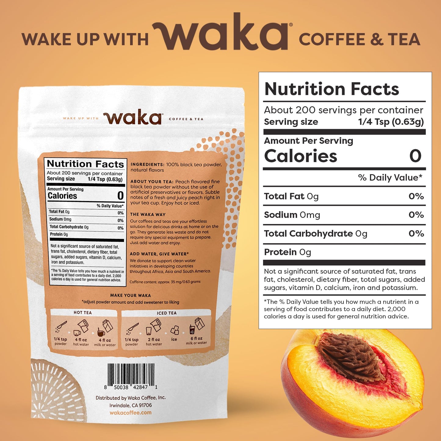 Waka Instant Black Tea Mix, Peach Flavored - 100% Tea Leaves, No Additives, Unsweetened Tea Powder In Bulk Pouch - Easy Quick Ho