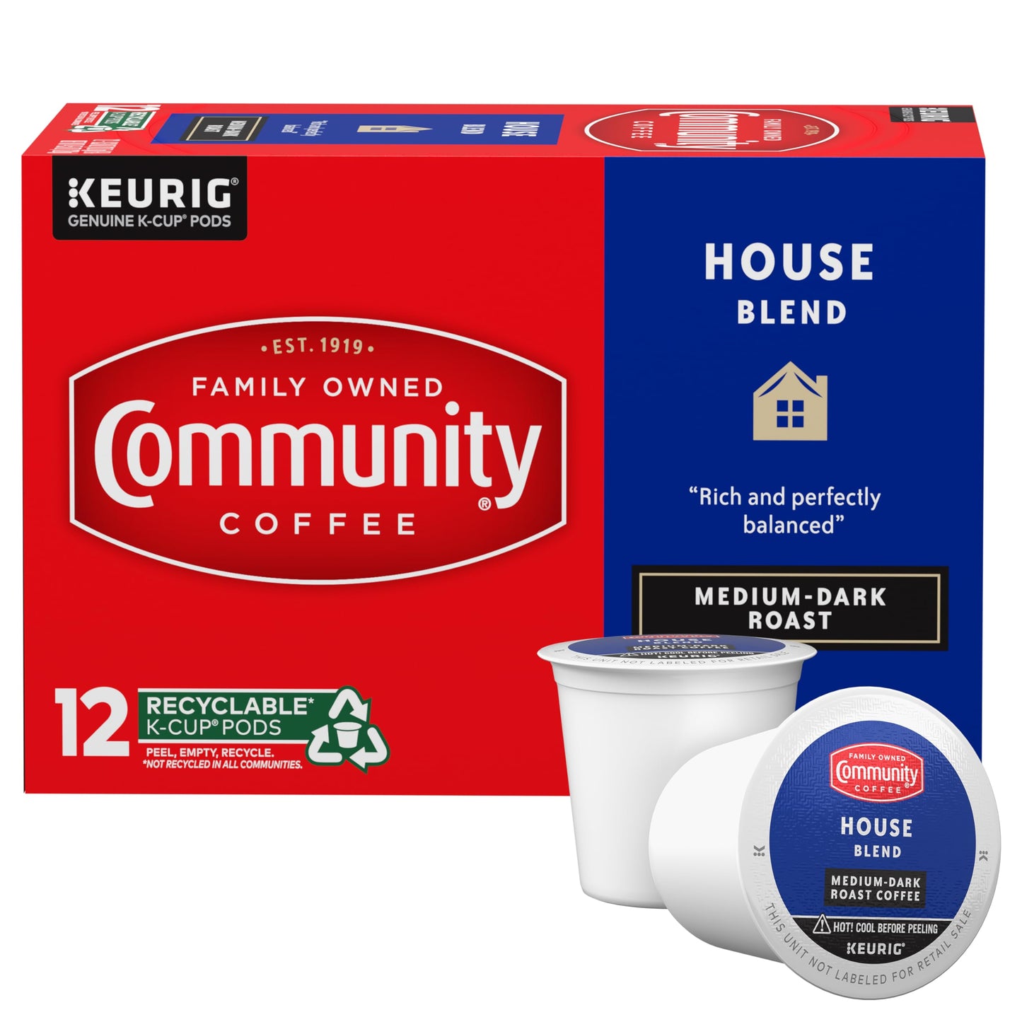 Community Coffee House Blend Medium-Dark Roast K-Cup Pods, 12 Count, Red